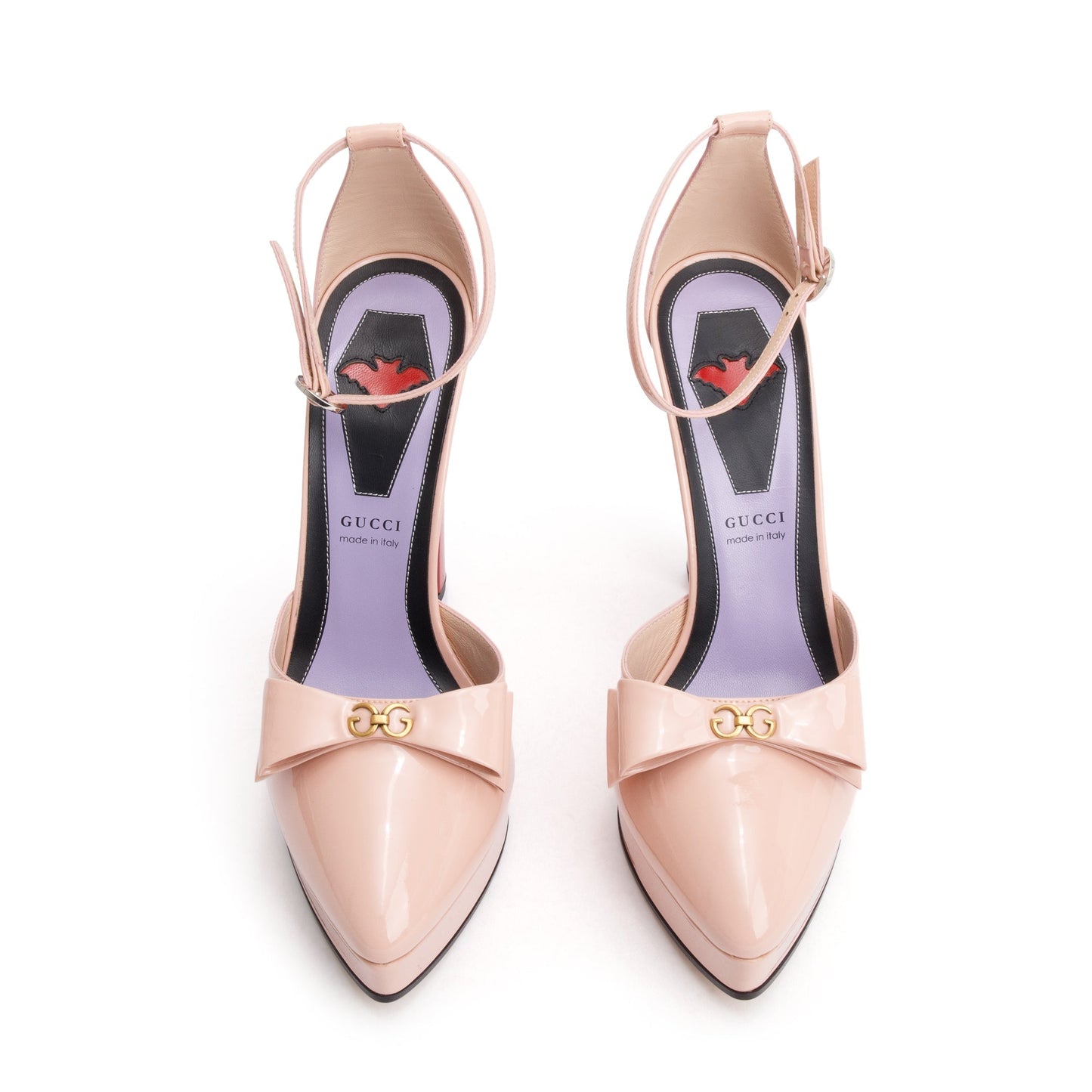 Gucci Pink Patent Leather Crystal GG Bow Sadie Spike Ankle Strap d'Orsay Platform Pumps, Size 39