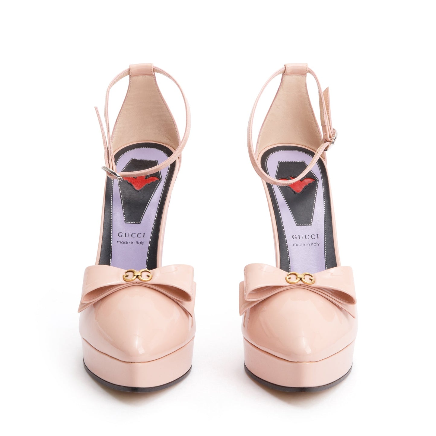 Gucci Pink Patent Leather Crystal GG Bow Sadie Spike Ankle Strap d'Orsay Platform Pumps, Size 39