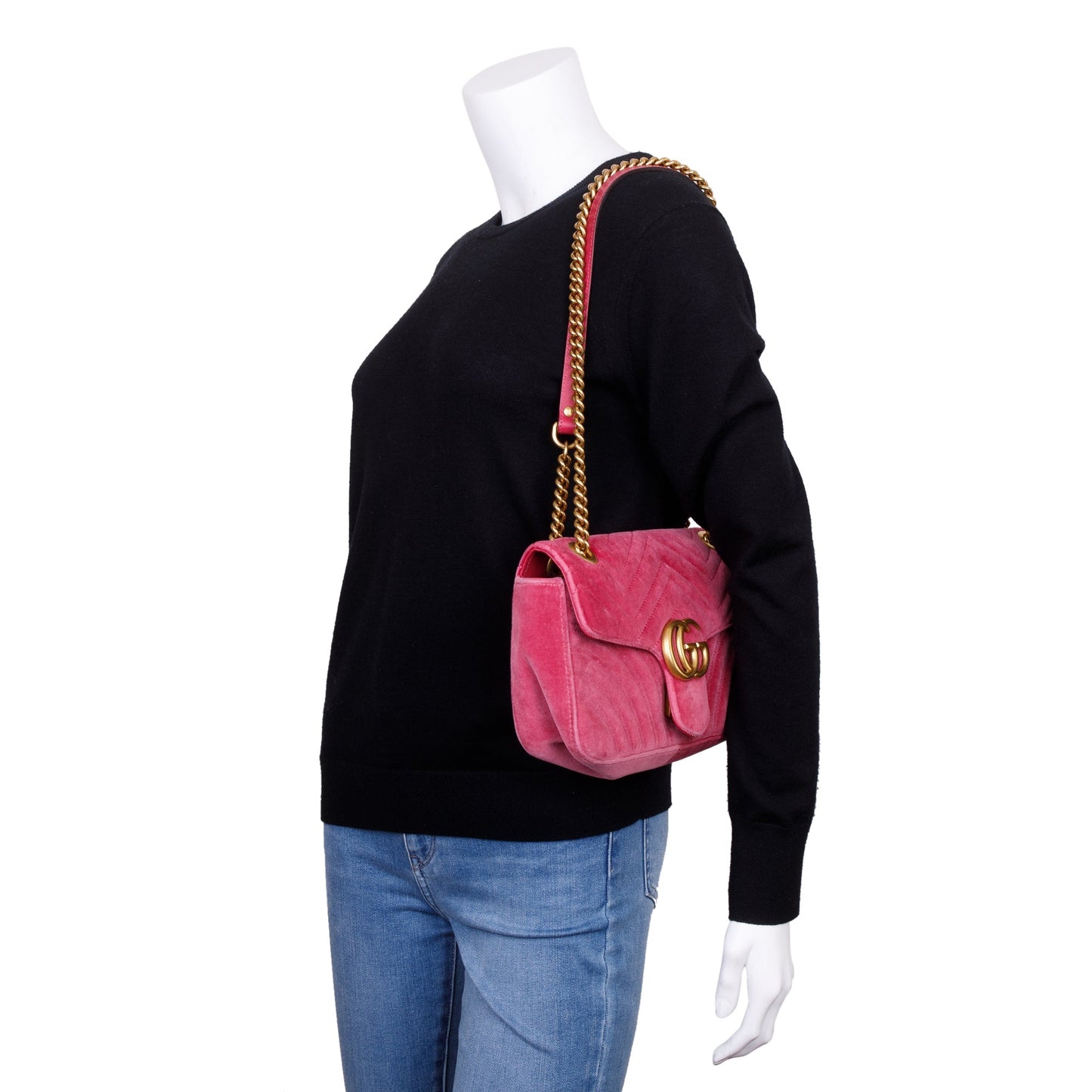 Gucci Pink Velvet Matelasse GG Marmont Small Shoulder Bag