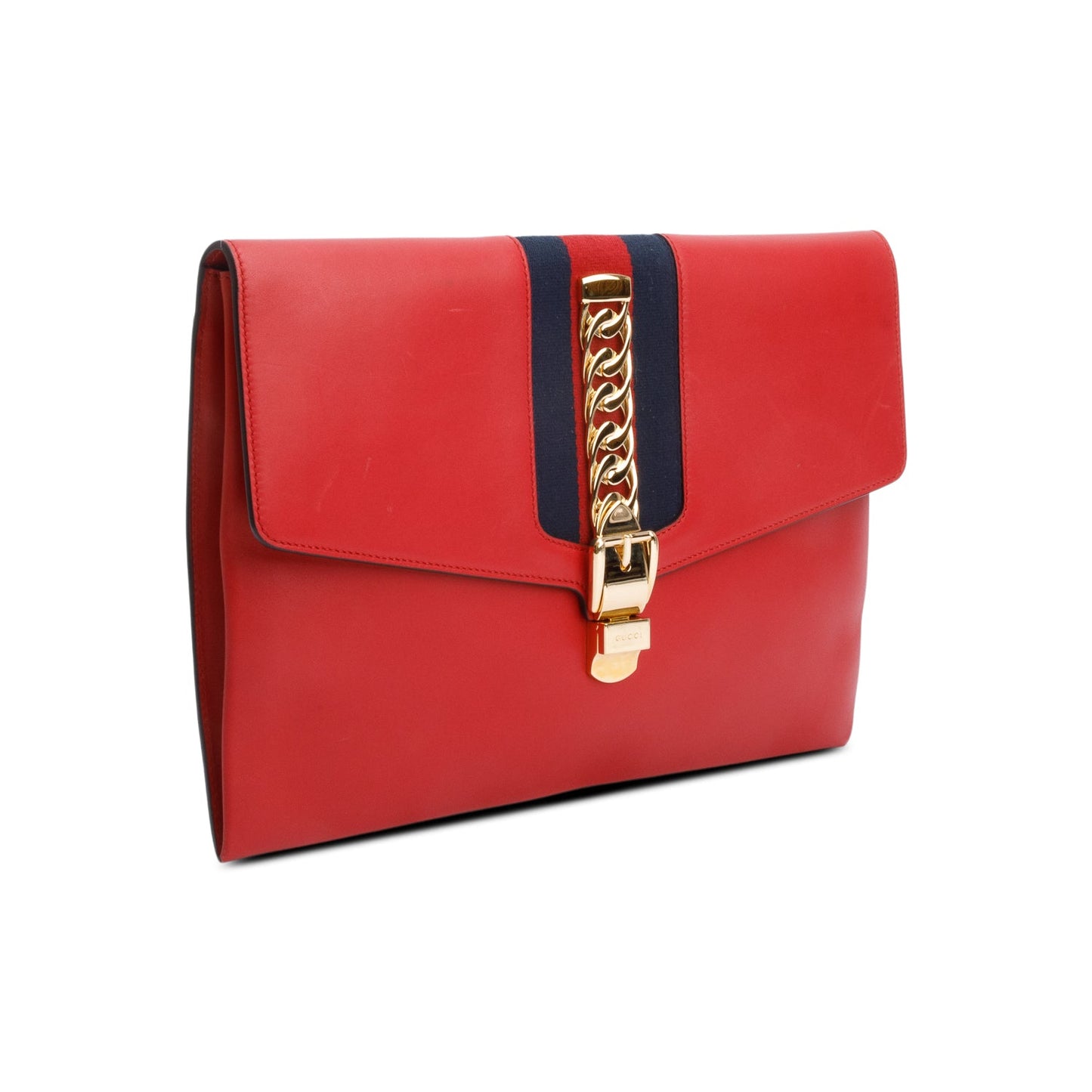 Gucci Red Calfskin Leather Web Maxi Sylvie Clutch