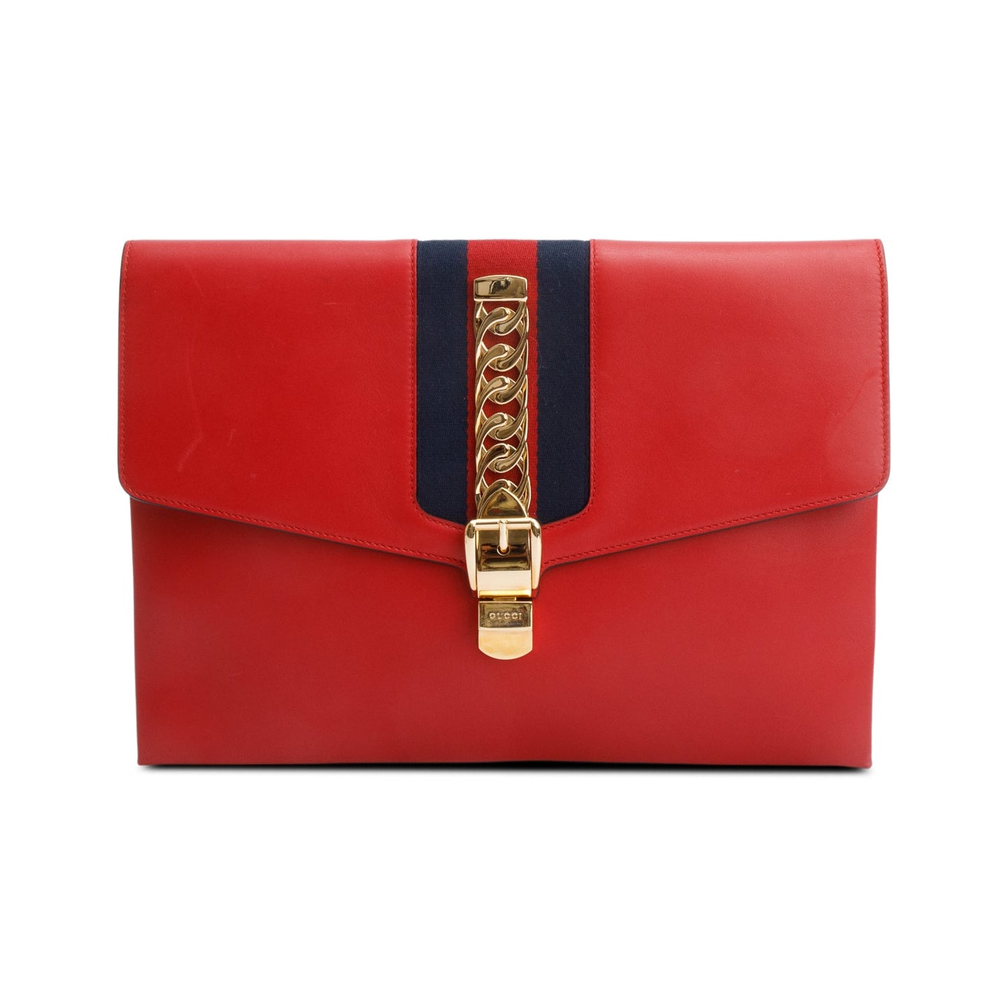 Gucci Red Calfskin Leather Web Maxi Sylvie Clutch