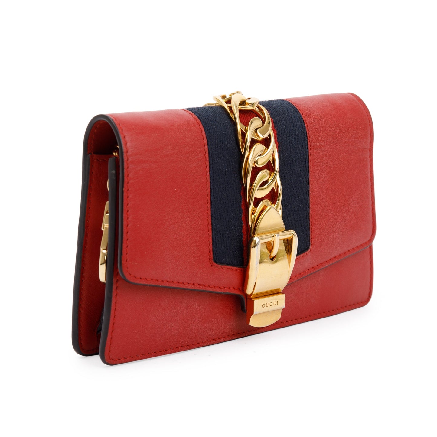 Gucci Red Calfskin Leather Web Super Mini Sylvie Chain Shoulder Bag