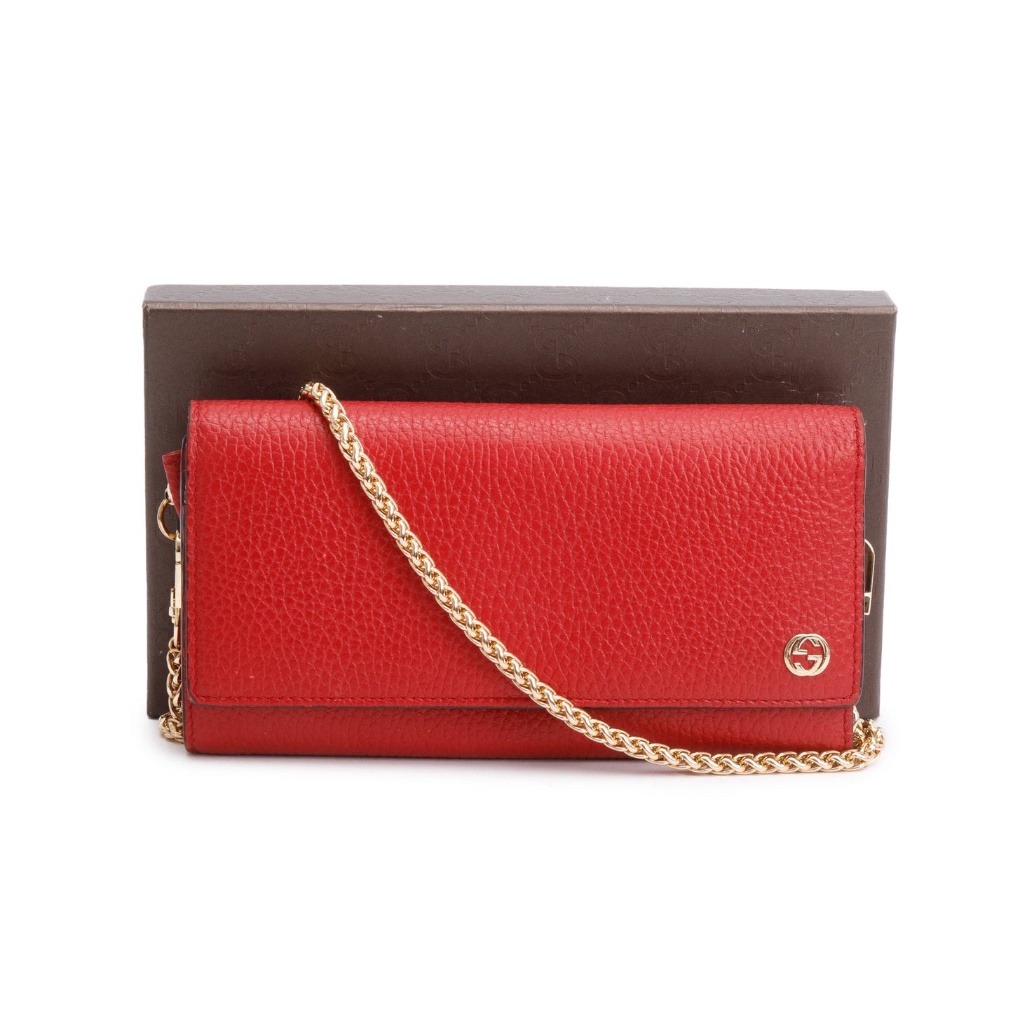 Gucci Red Pebbled Leather Interlocking G Continental Wallet on Chain