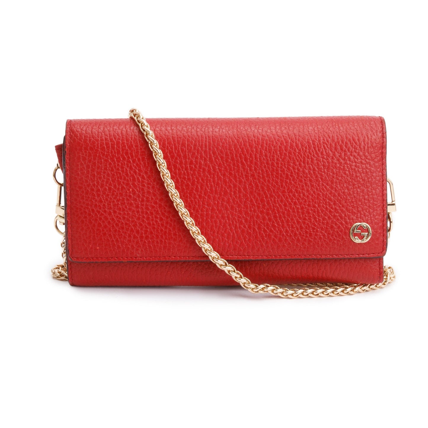 Gucci Red Pebbled Leather Interlocking G Continental Wallet on Chain