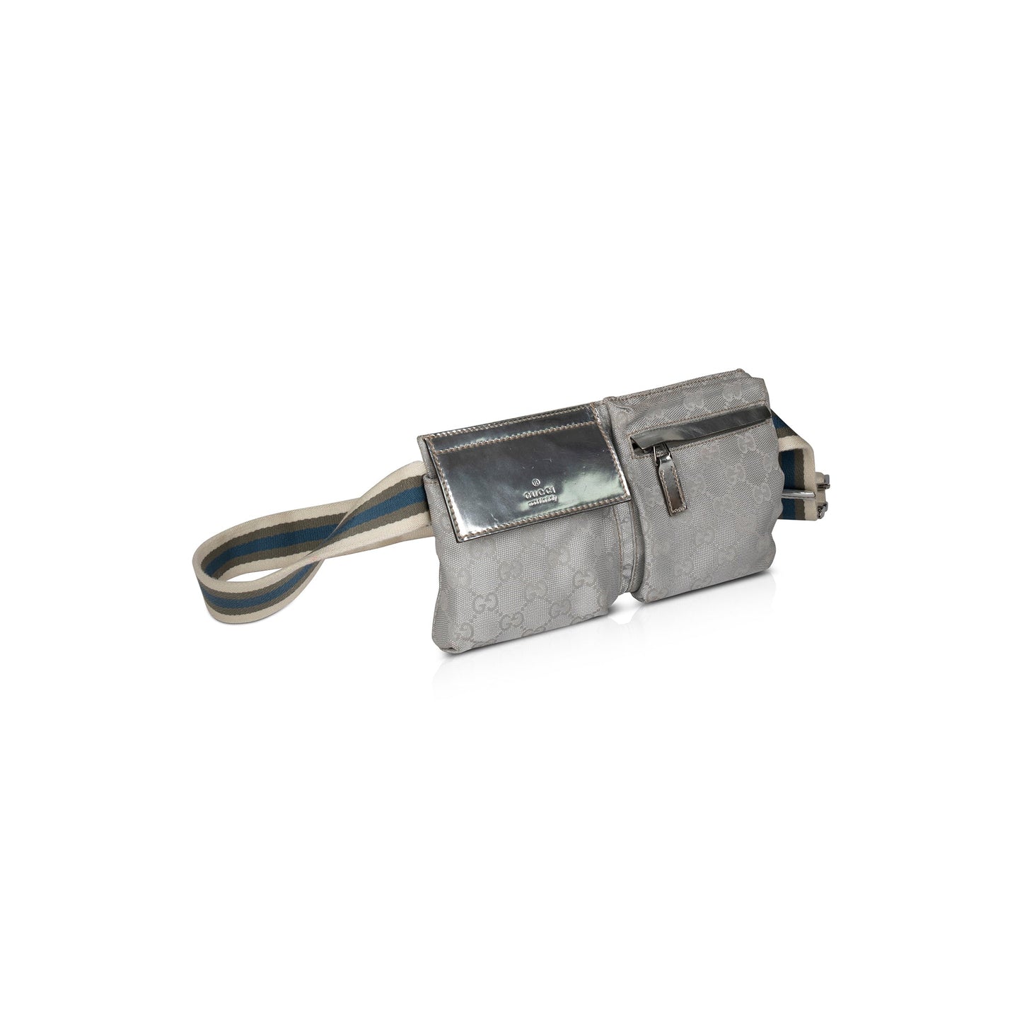 Gucci Silver GG Canvas Web Double Belt Bag