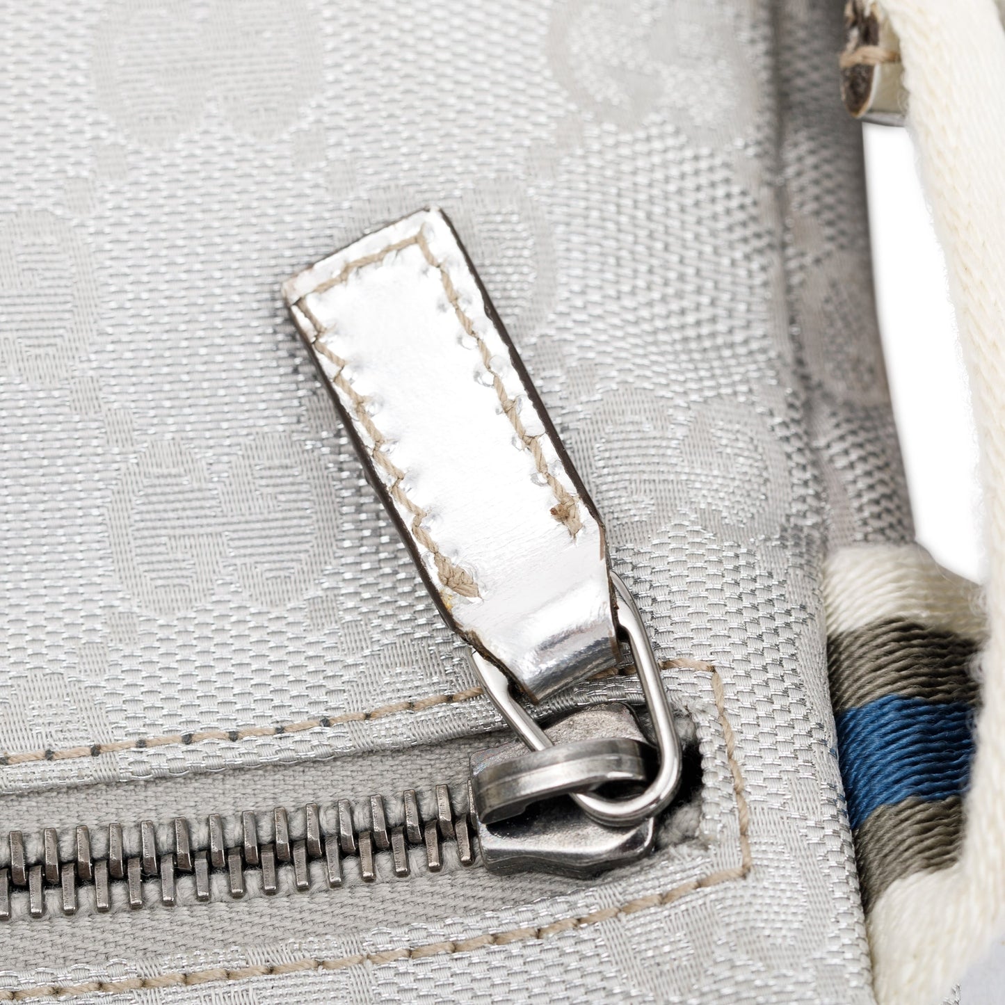 Gucci Silver Leather GG Canvas Web Double Pocket Small Belt Bag