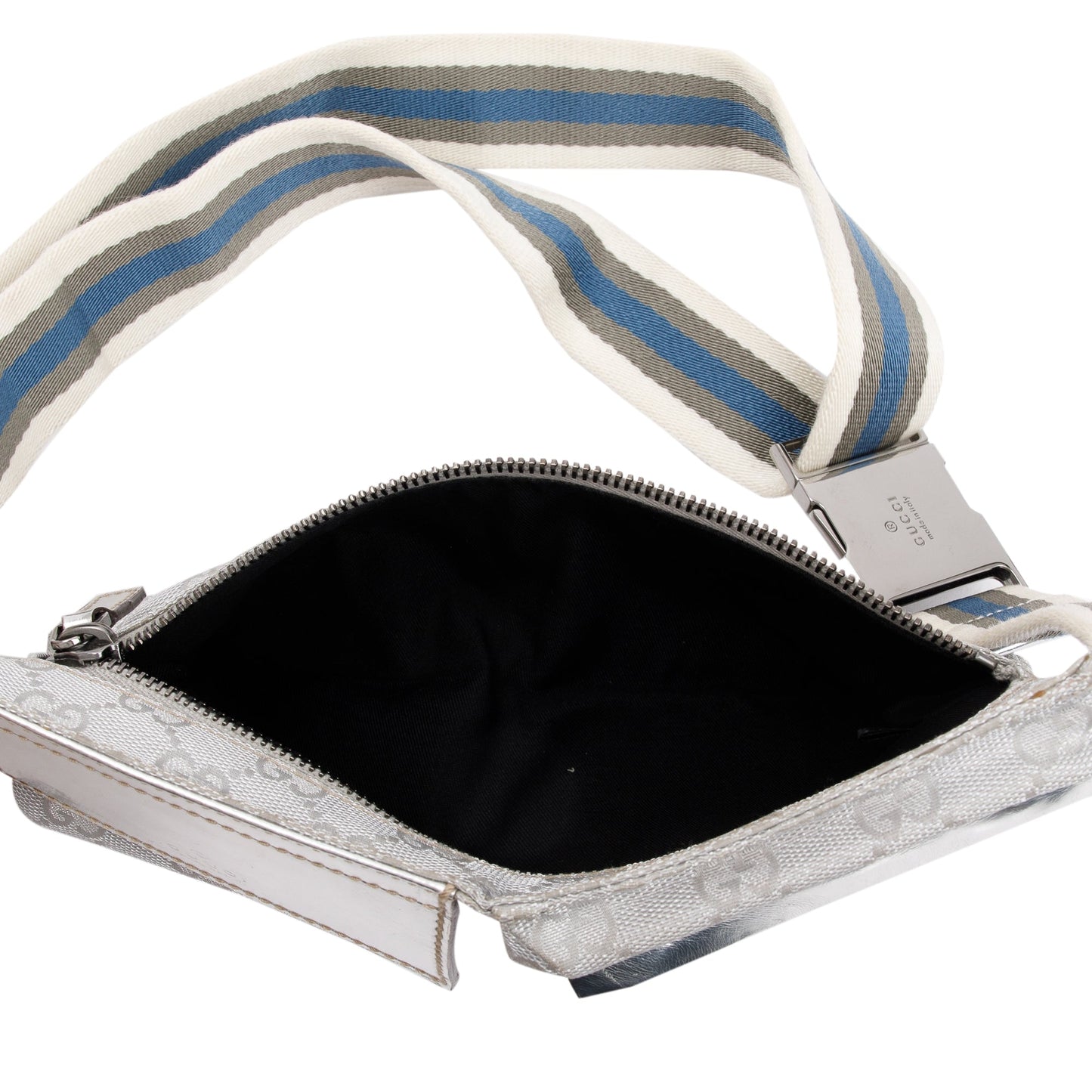Gucci Silver Leather GG Canvas Web Double Pocket Small Belt Bag