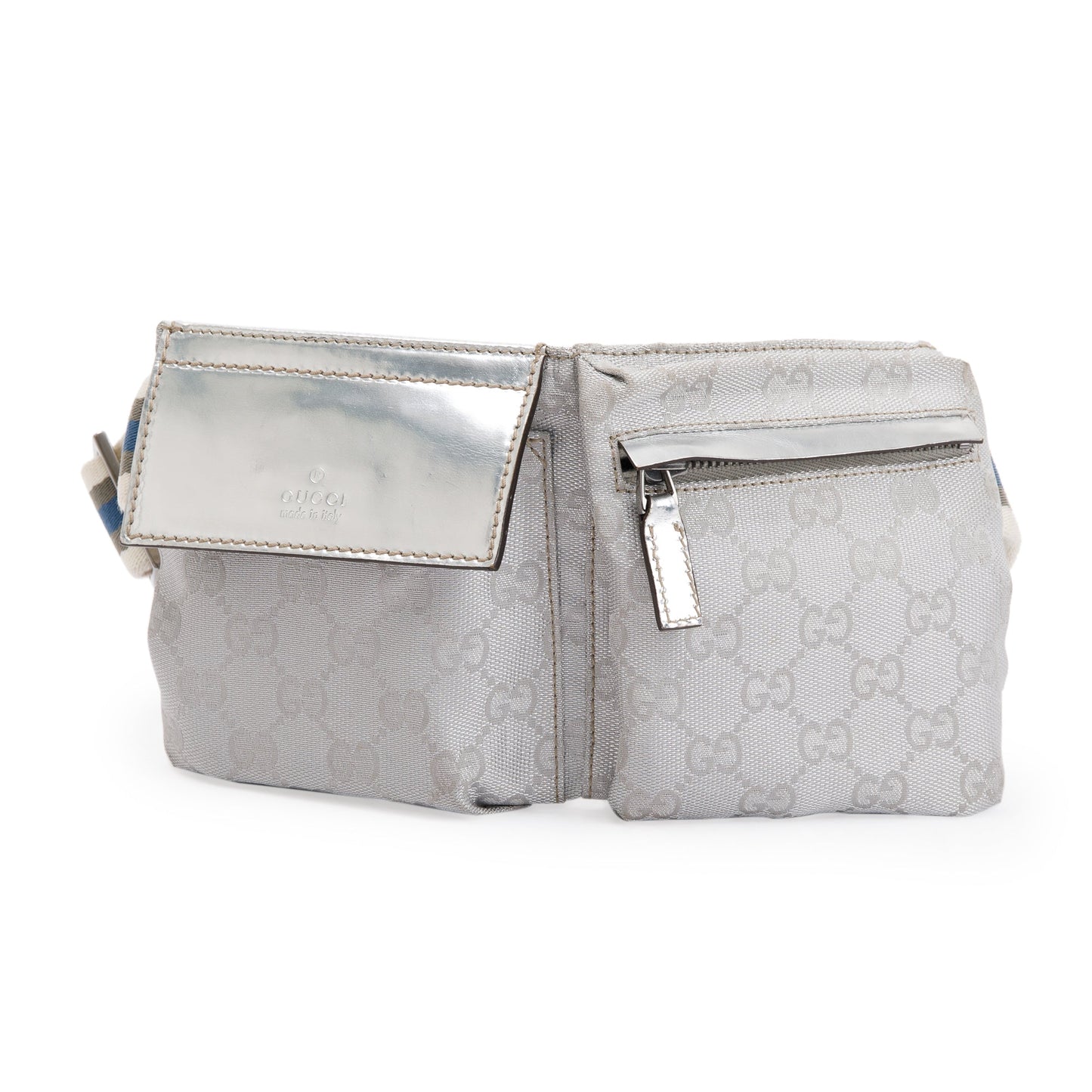 Gucci Silver Leather GG Canvas Web Double Pocket Small Belt Bag