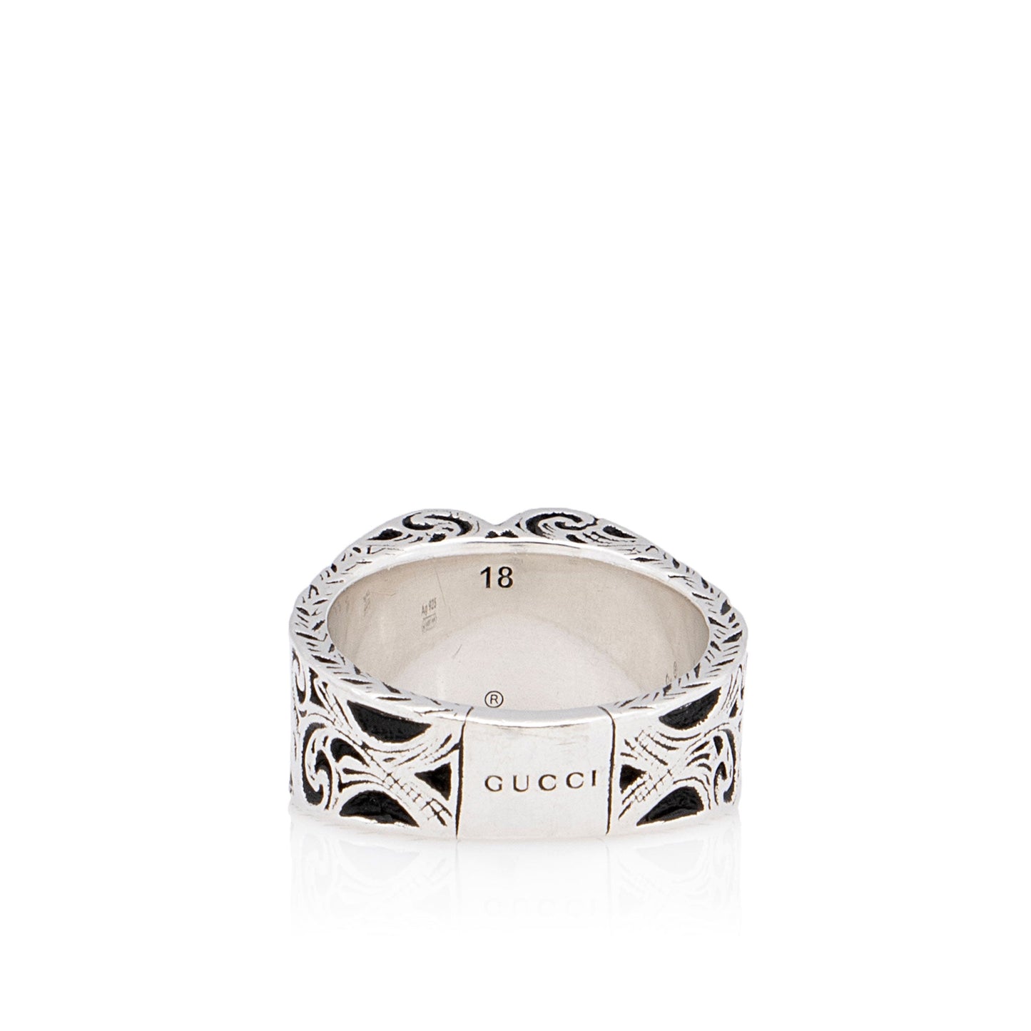 Gucci Sterling Silver Engraved Heart Ring - Size 8