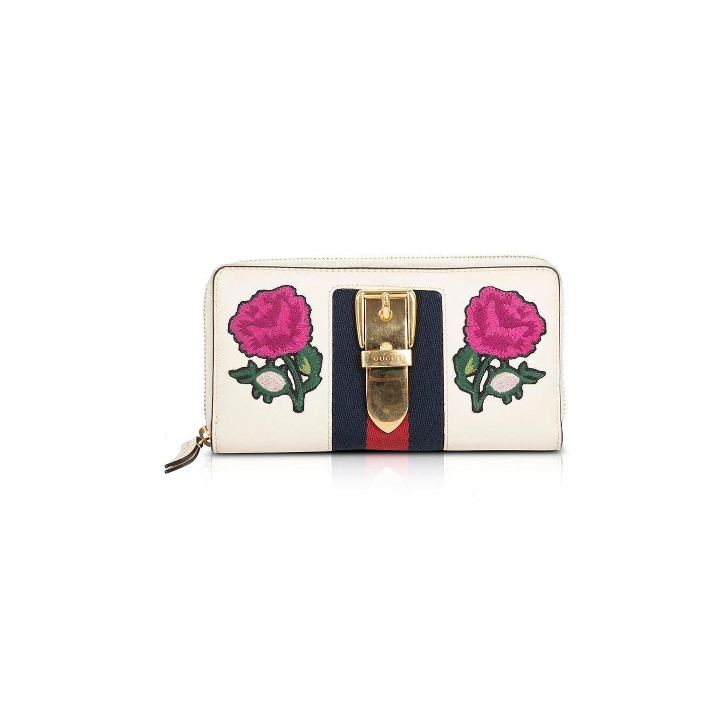 Gucci Sylvie Web Embroidered Zip Around Wallet
