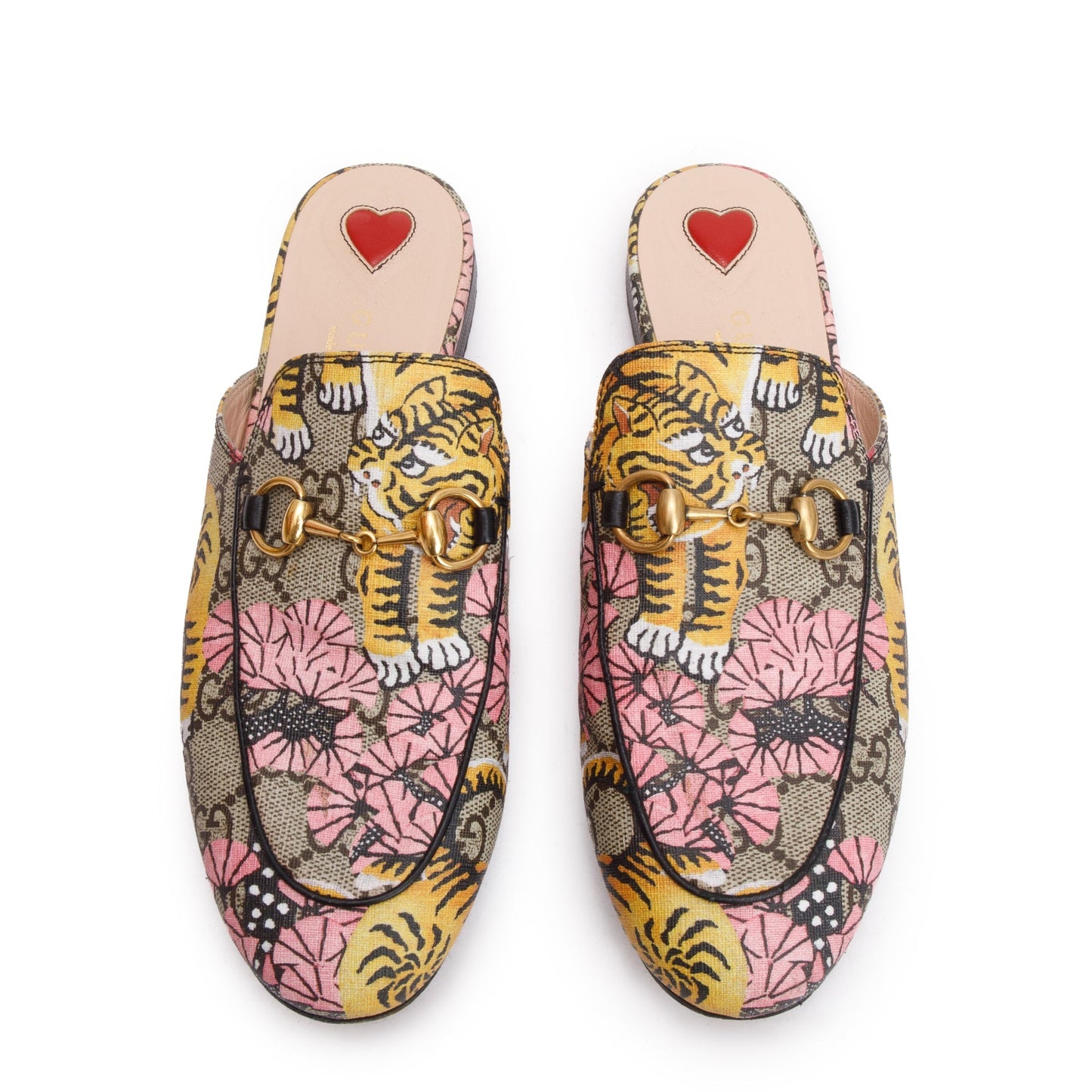 Gucci Tiger Print GG Supreme Horsebit Mules, Size 36