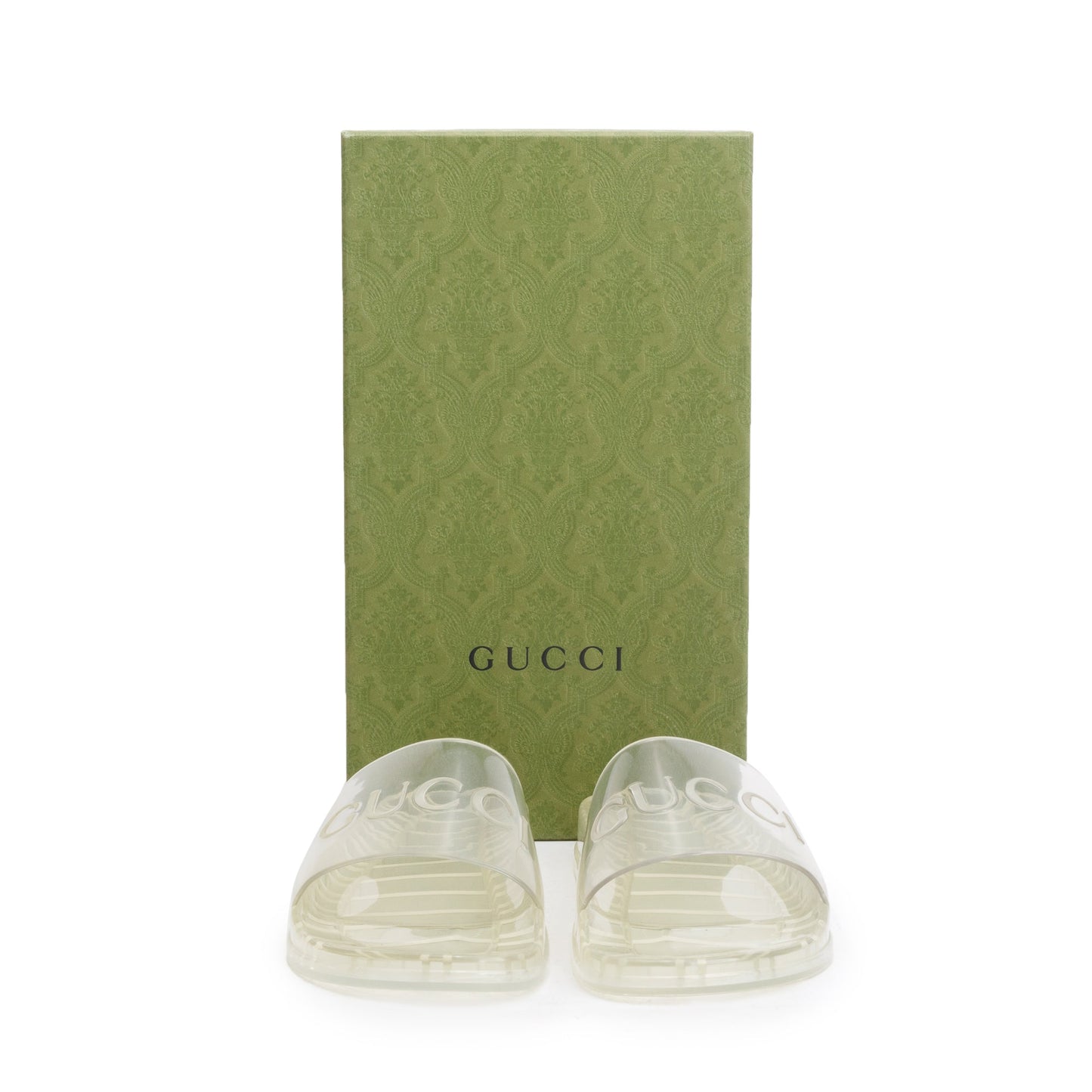 Gucci Transparent Rubber Logo Slides, Size 11