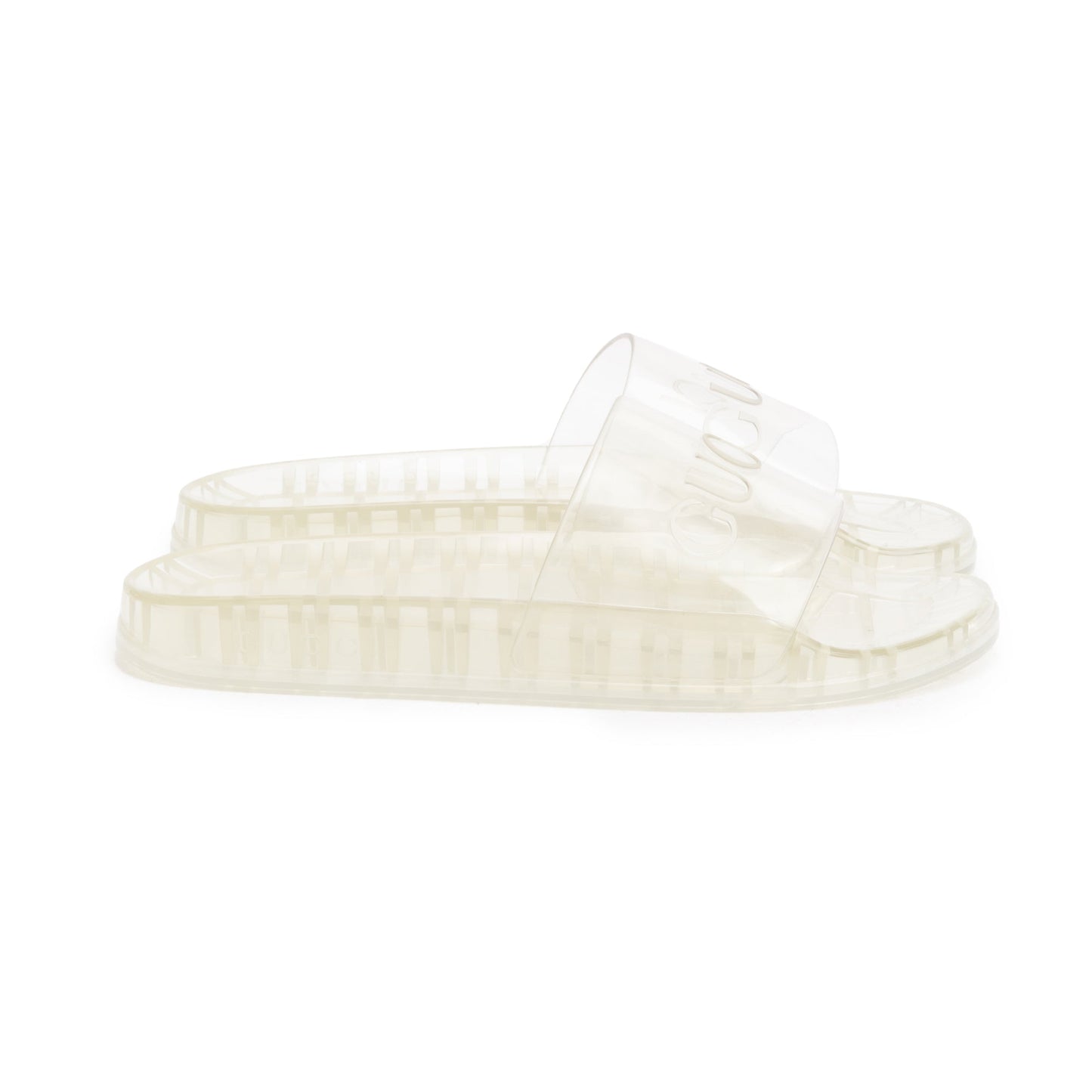 Gucci Transparent Rubber Logo Slides, Size 11