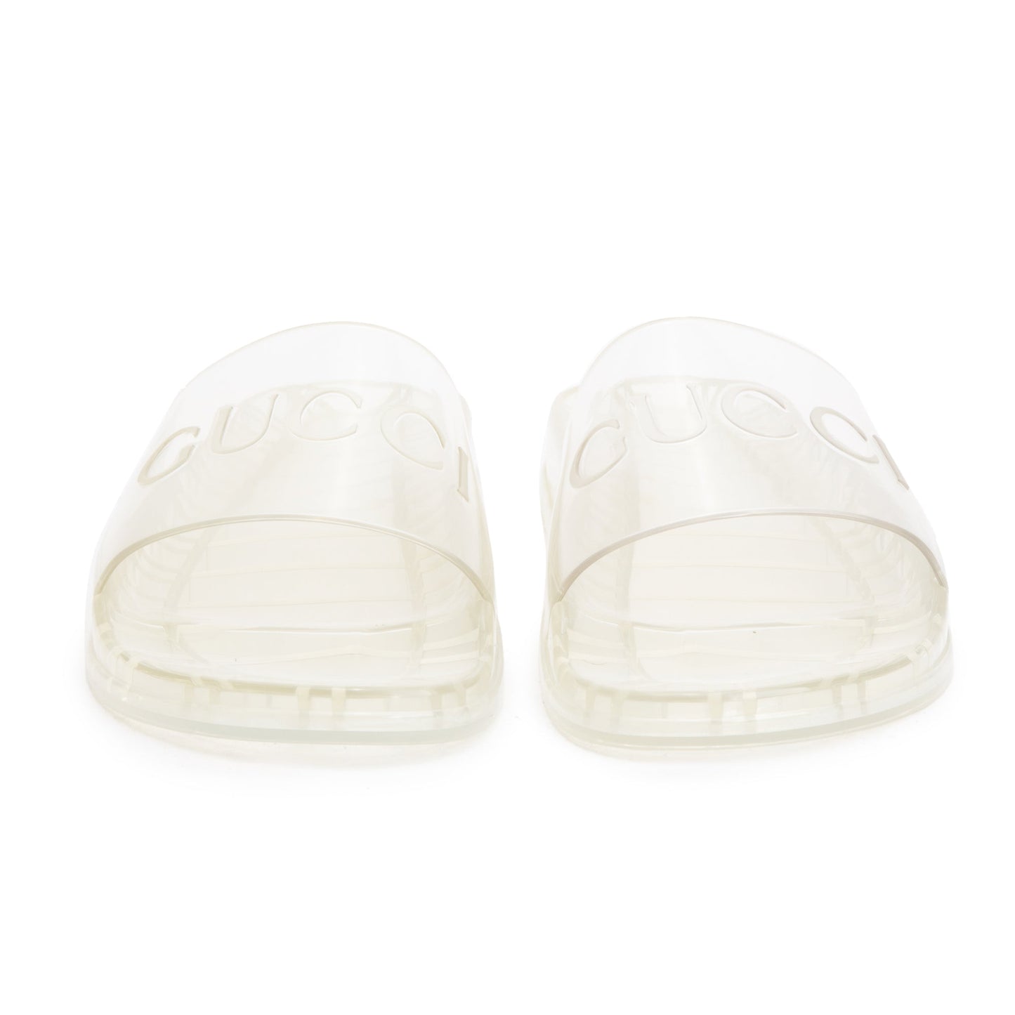 Gucci Transparent Rubber Logo Slides, Size 11