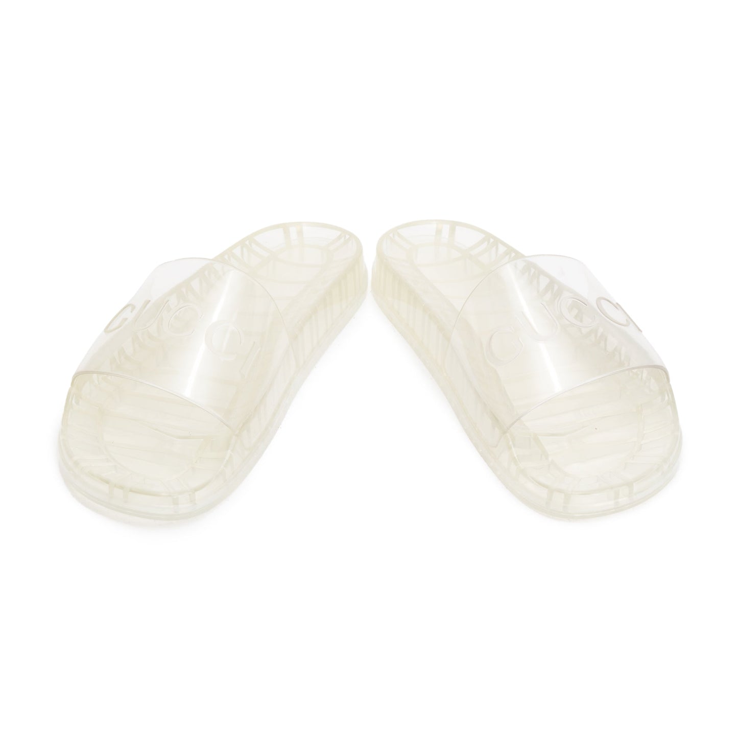 Gucci Transparent Rubber Logo Slides, Size 11