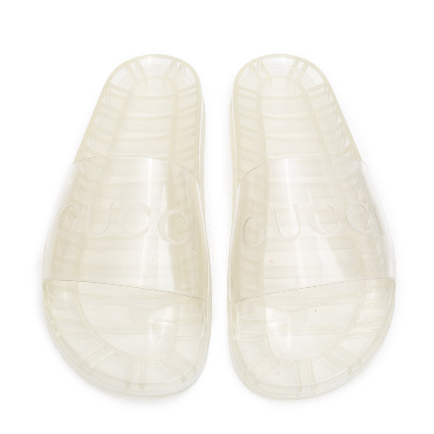 Gucci Transparent Rubber Logo Slides, Size 11