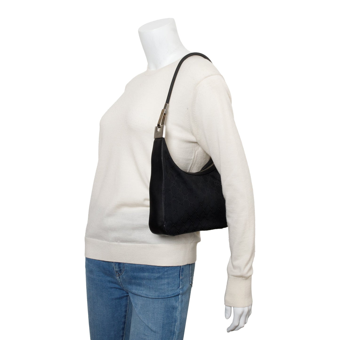 Gucci Vintage Black Leather Trim GG Canvas Hobo Bag