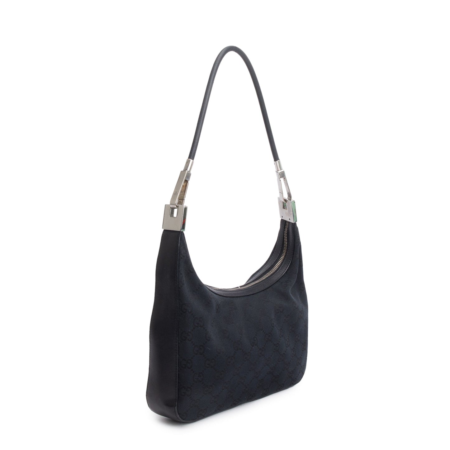 Gucci Vintage Black Leather Trim GG Canvas Hobo Bag