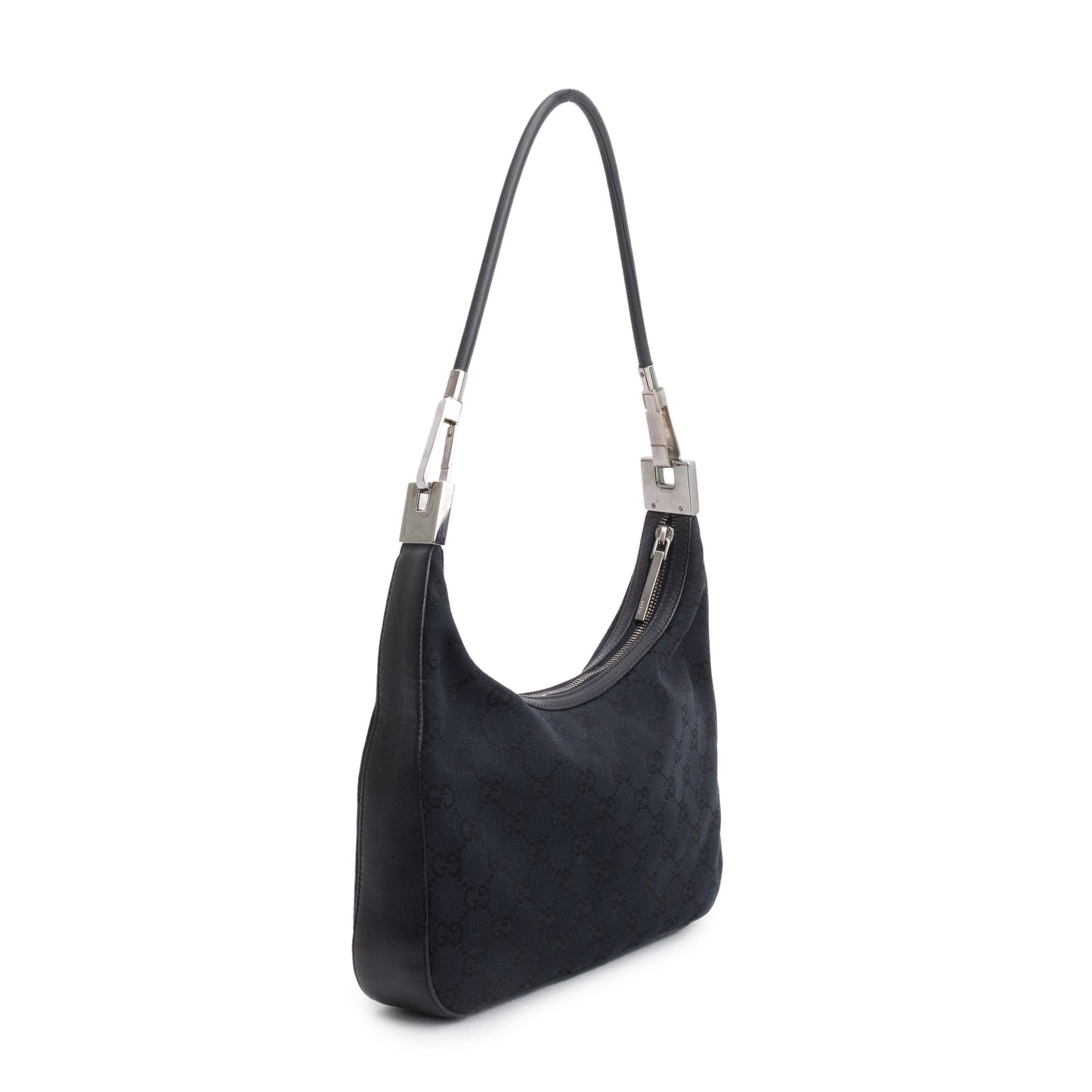 Gucci Vintage Black Leather Trim GG Canvas Hobo Bag