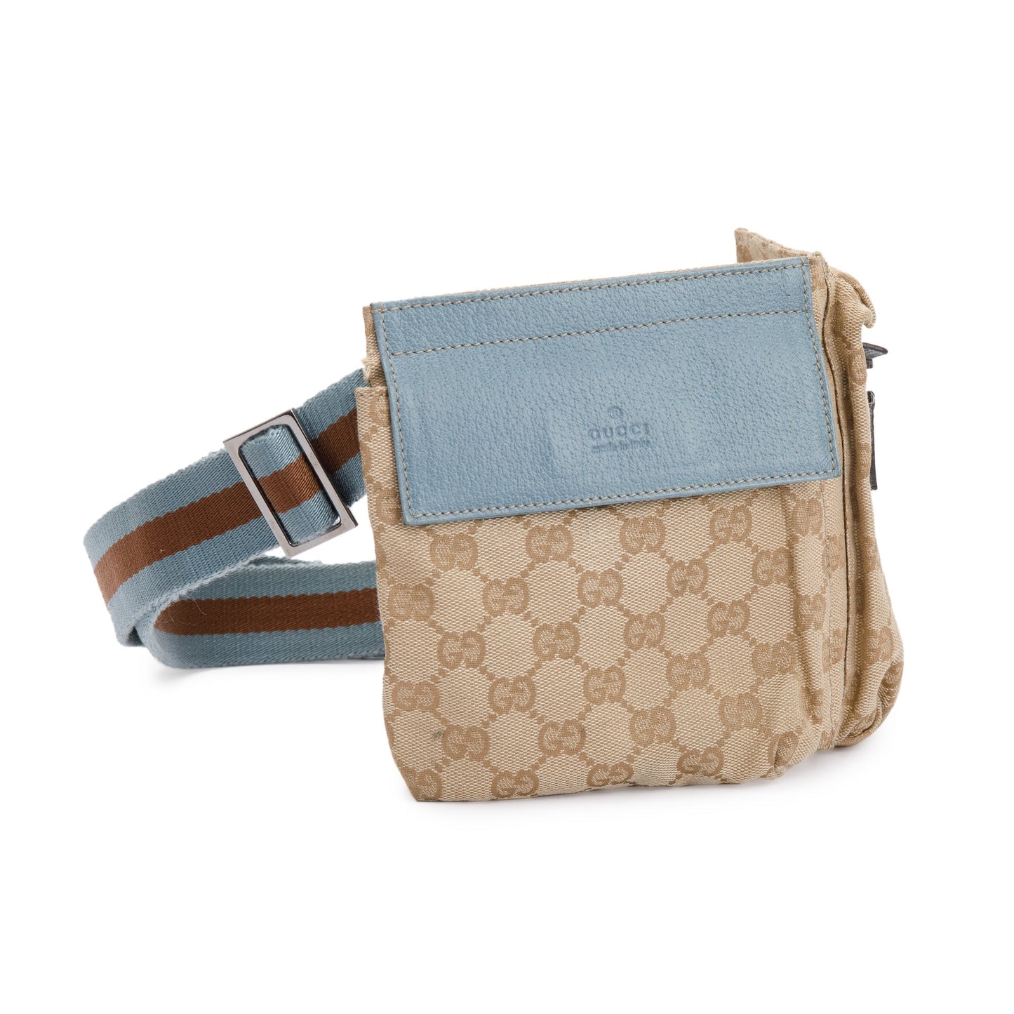 Gucci Vintage GG Canvas Blue Leather Double Pocket Belt Bag