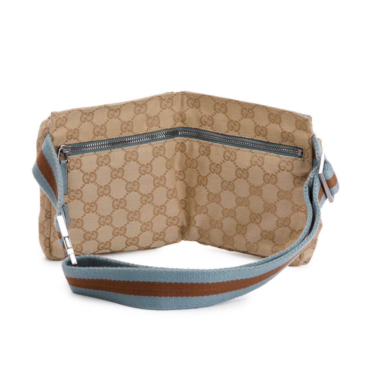 Gucci Vintage GG Canvas Blue Leather Double Pocket Belt Bag