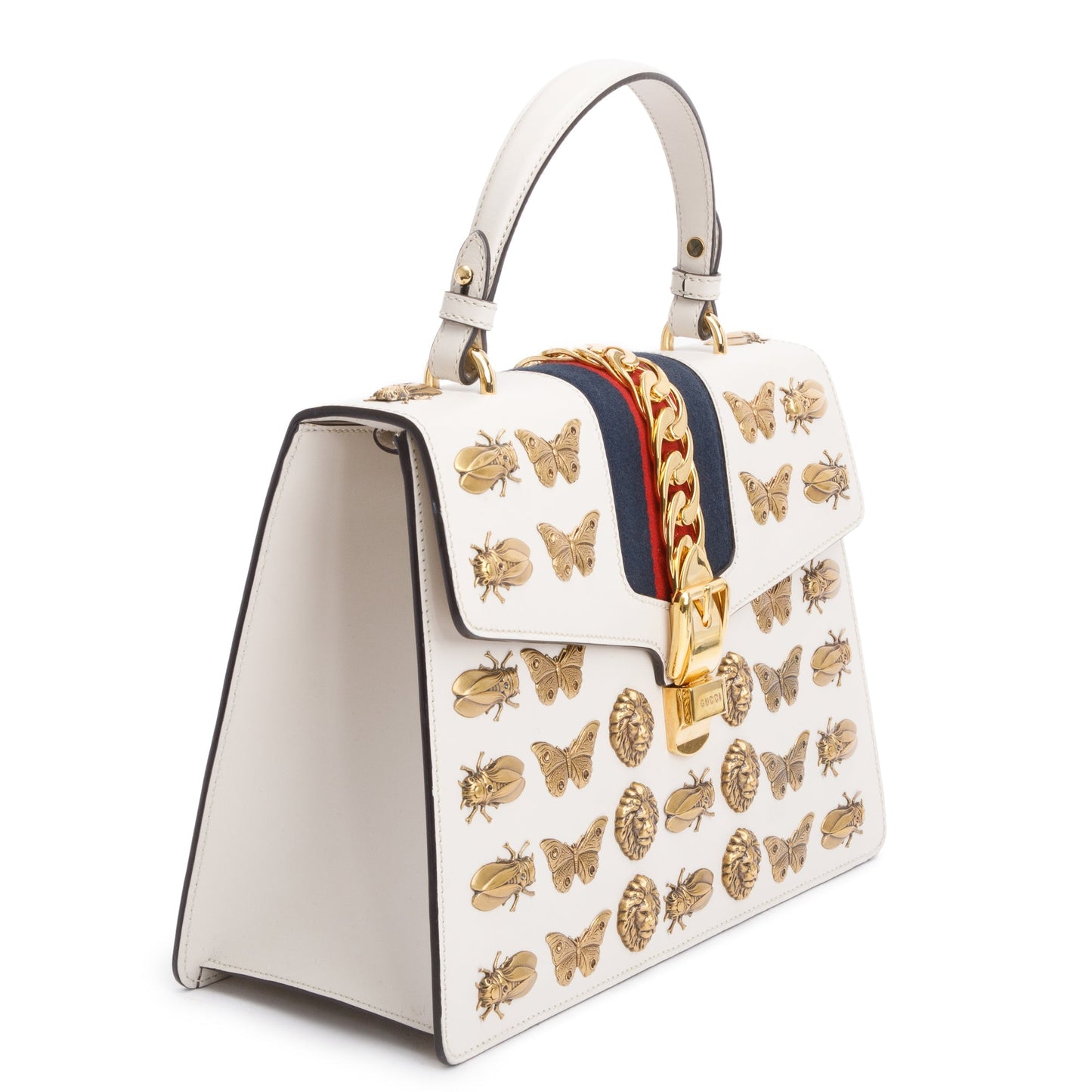Gucci White Calfskin Leather Animal Studs Medium Sylvie Handle Bag