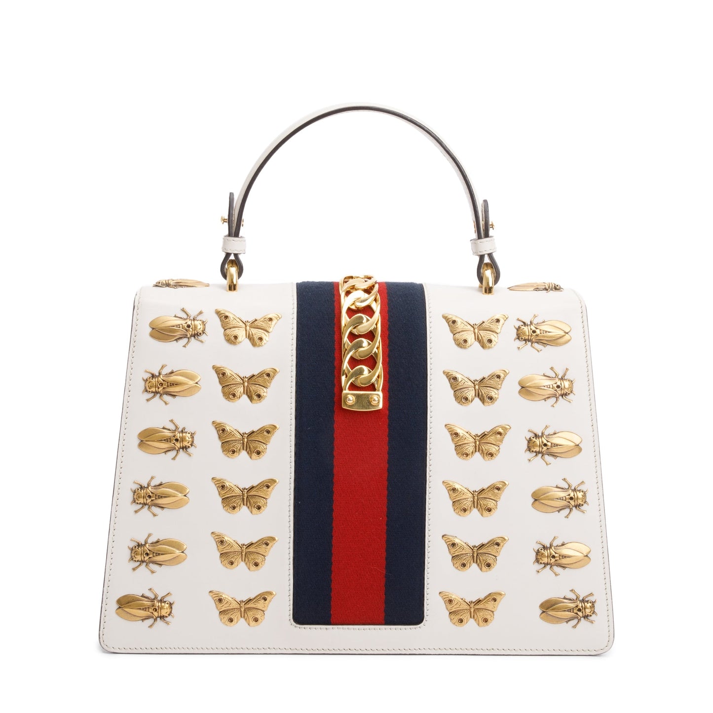 Gucci White Calfskin Leather Animal Studs Medium Sylvie Handle Bag