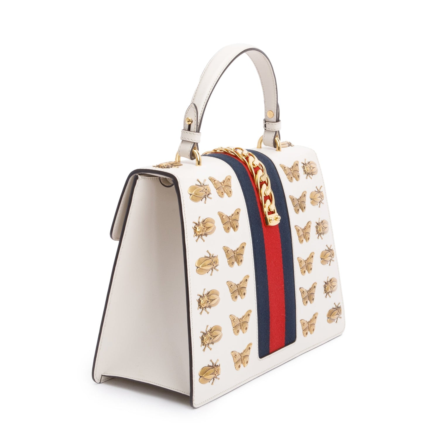 Gucci White Calfskin Leather Animal Studs Medium Sylvie Handle Bag