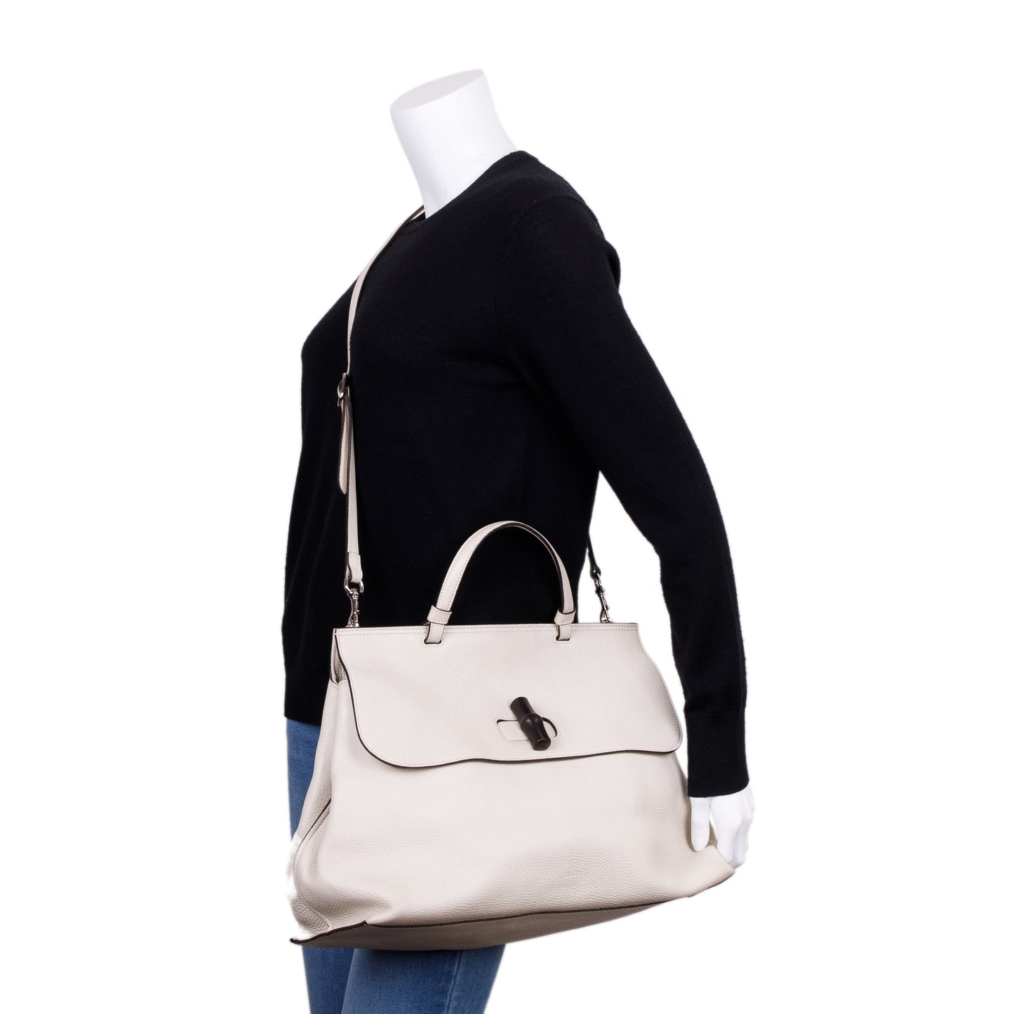 Gucci White Calfskin Leather Large Bamboo Daily Top Handle Bag