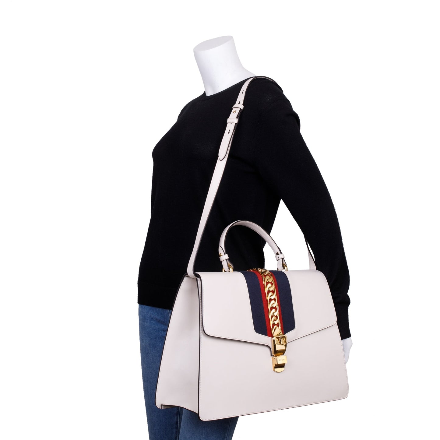 Gucci White Calfskin Leather Maxi Sylvie Handle Bag