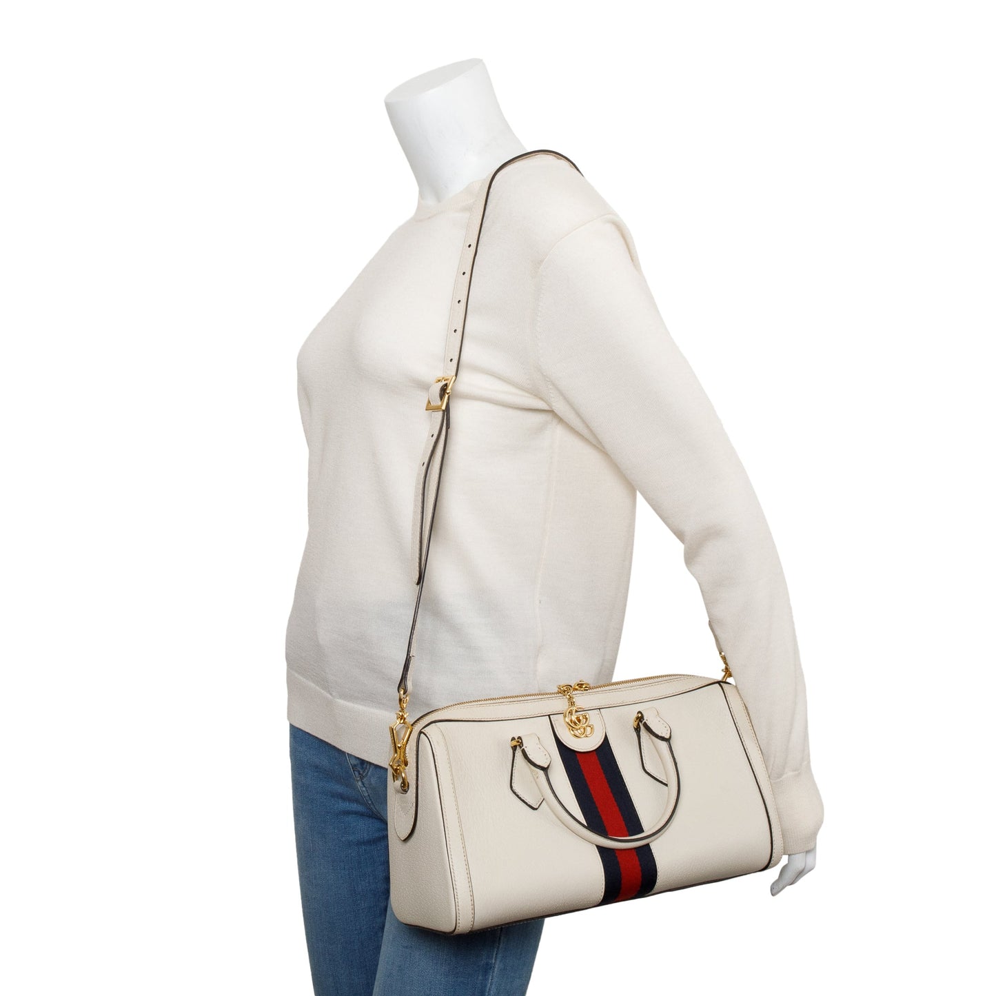 Gucci White Calfskin Leather Web Medium Ophidia Boston Bag