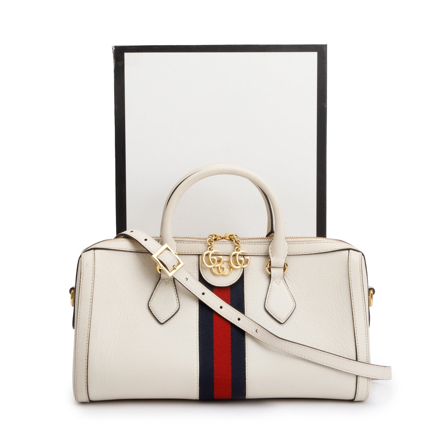 Gucci White Calfskin Leather Web Medium Ophidia Boston Bag