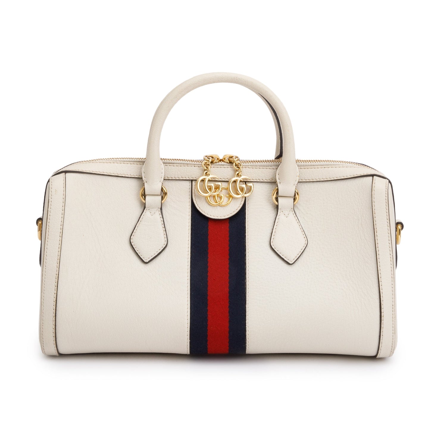 Gucci White Calfskin Leather Web Medium Ophidia Boston Bag