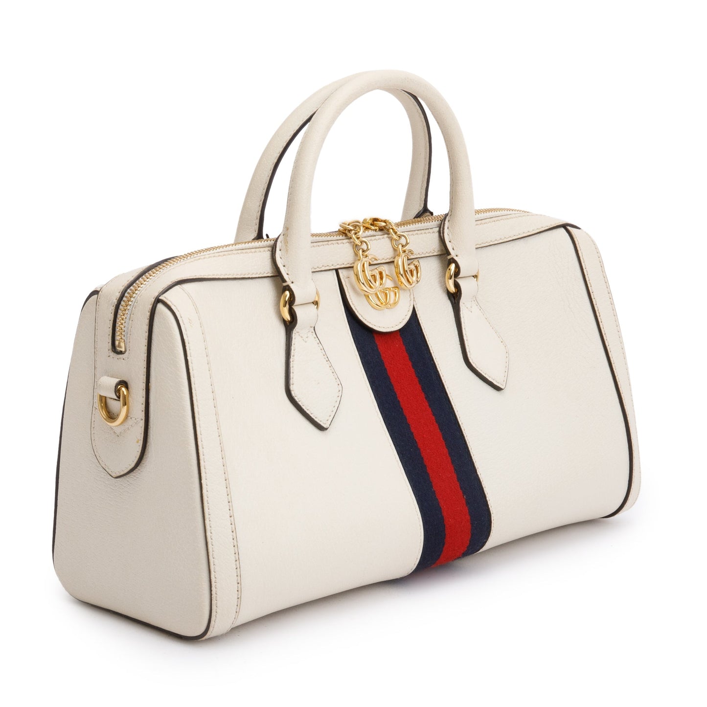 Gucci White Calfskin Leather Web Medium Ophidia Boston Bag