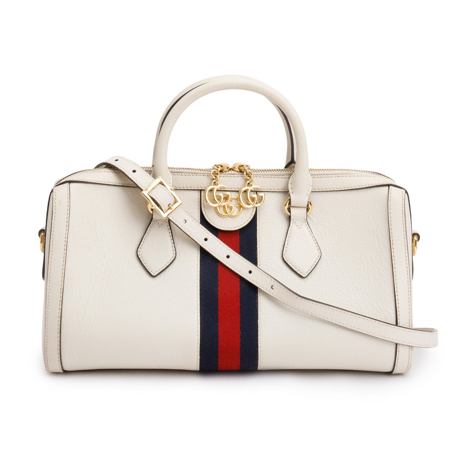 Gucci White Calfskin Leather Web Medium Ophidia Boston Bag