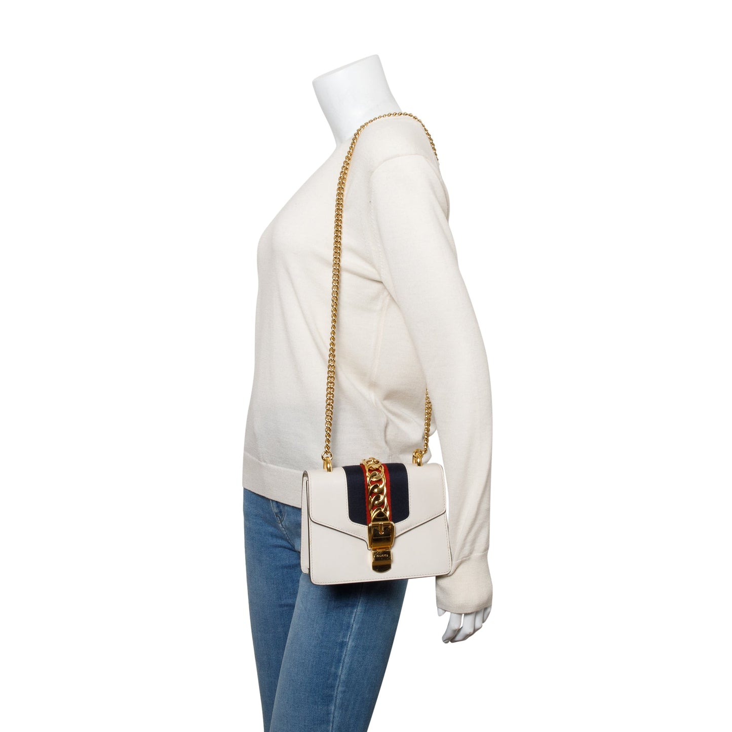Gucci White Calfskin Leather Web Mini Sylvie Chain Shoulder Bag