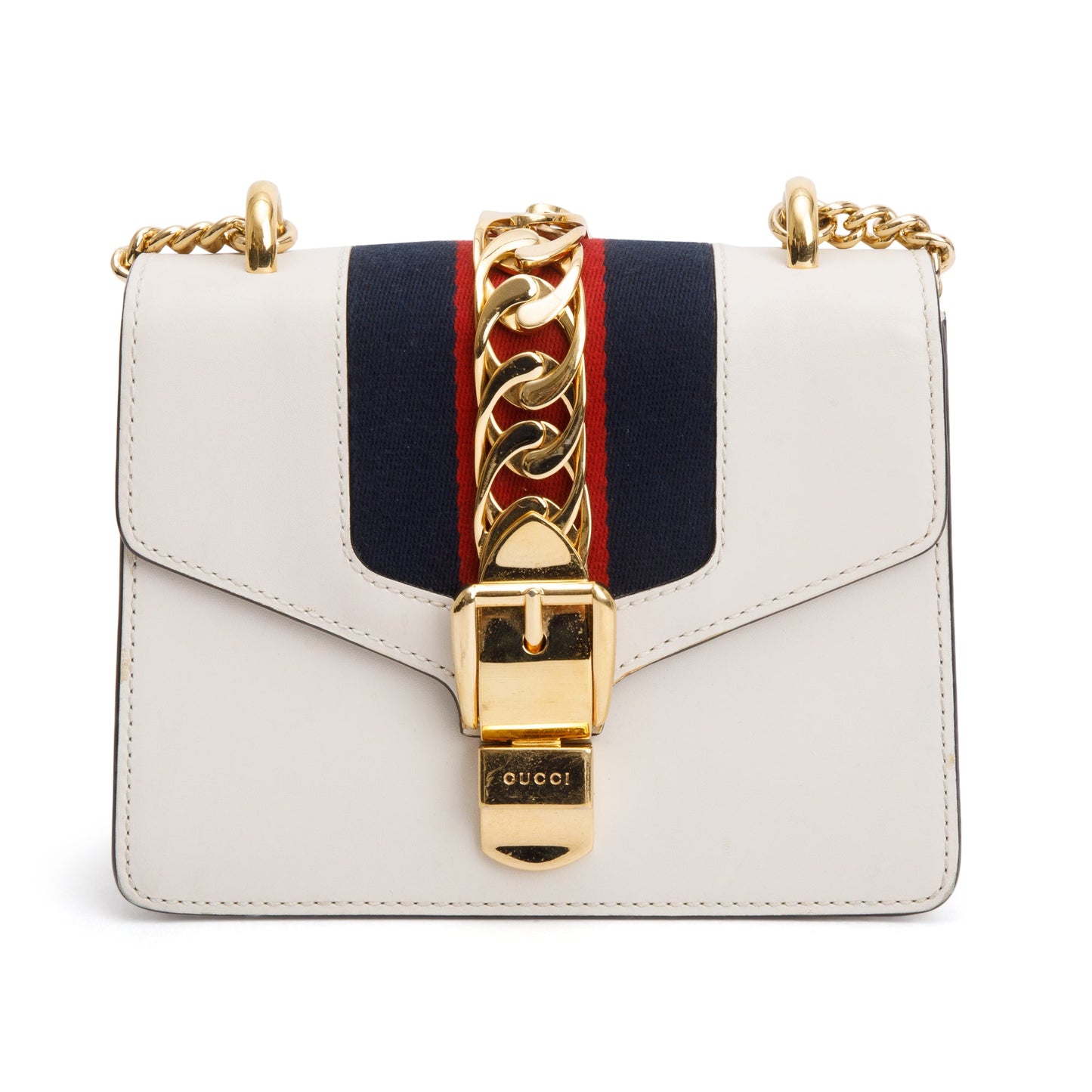Gucci White Calfskin Leather Web Mini Sylvie Chain Shoulder Bag