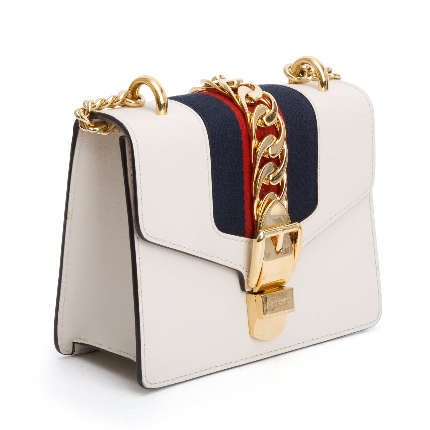 Gucci White Calfskin Leather Web Mini Sylvie Chain Shoulder Bag