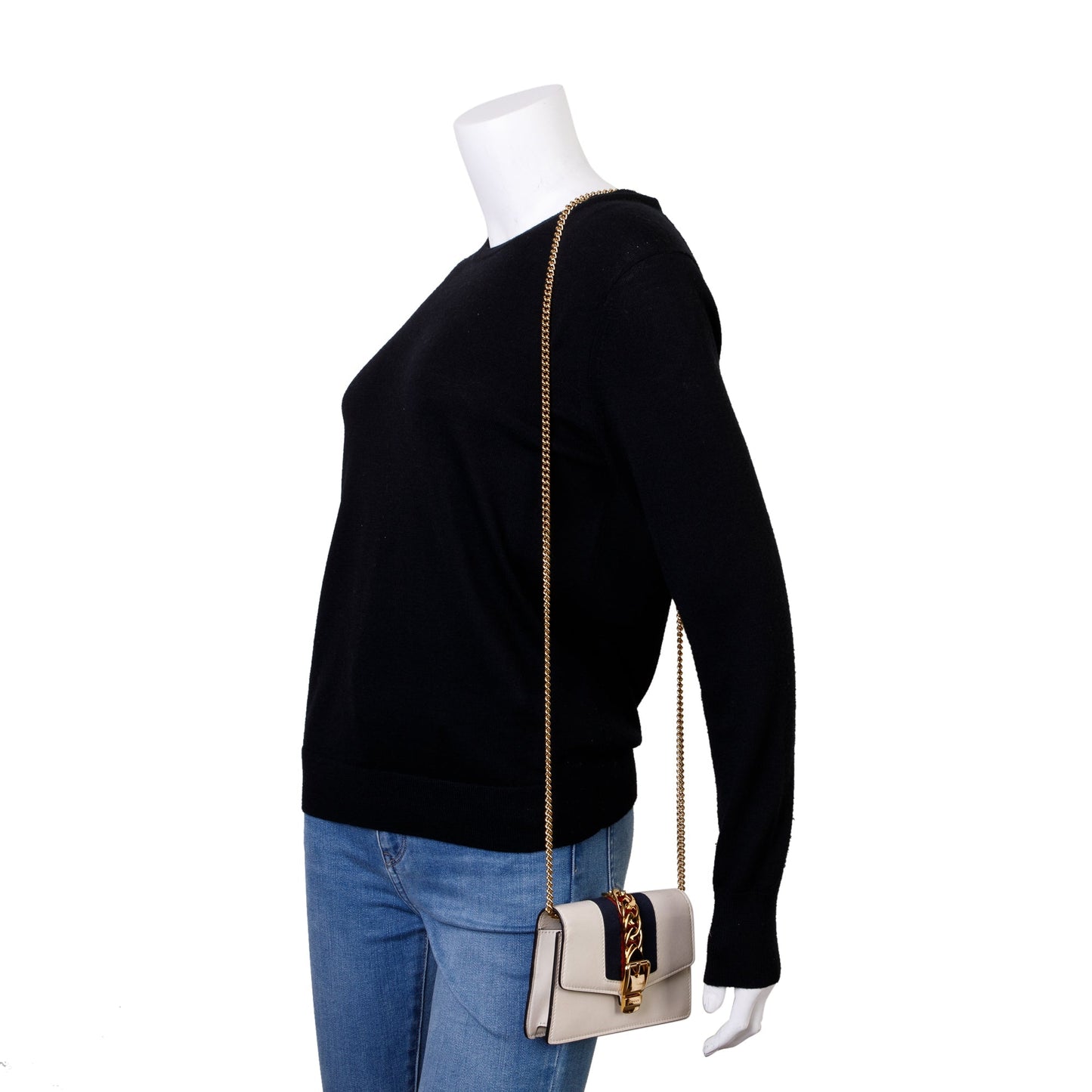 Gucci White Calfskin Leather Web Super Mini Sylvie Chain Shoulder Bag
