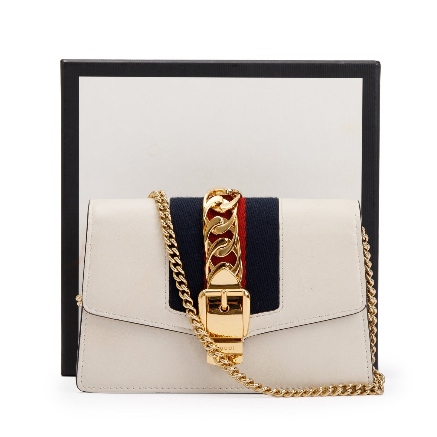 Gucci White Calfskin Leather Web Super Mini Sylvie Chain Shoulder Bag