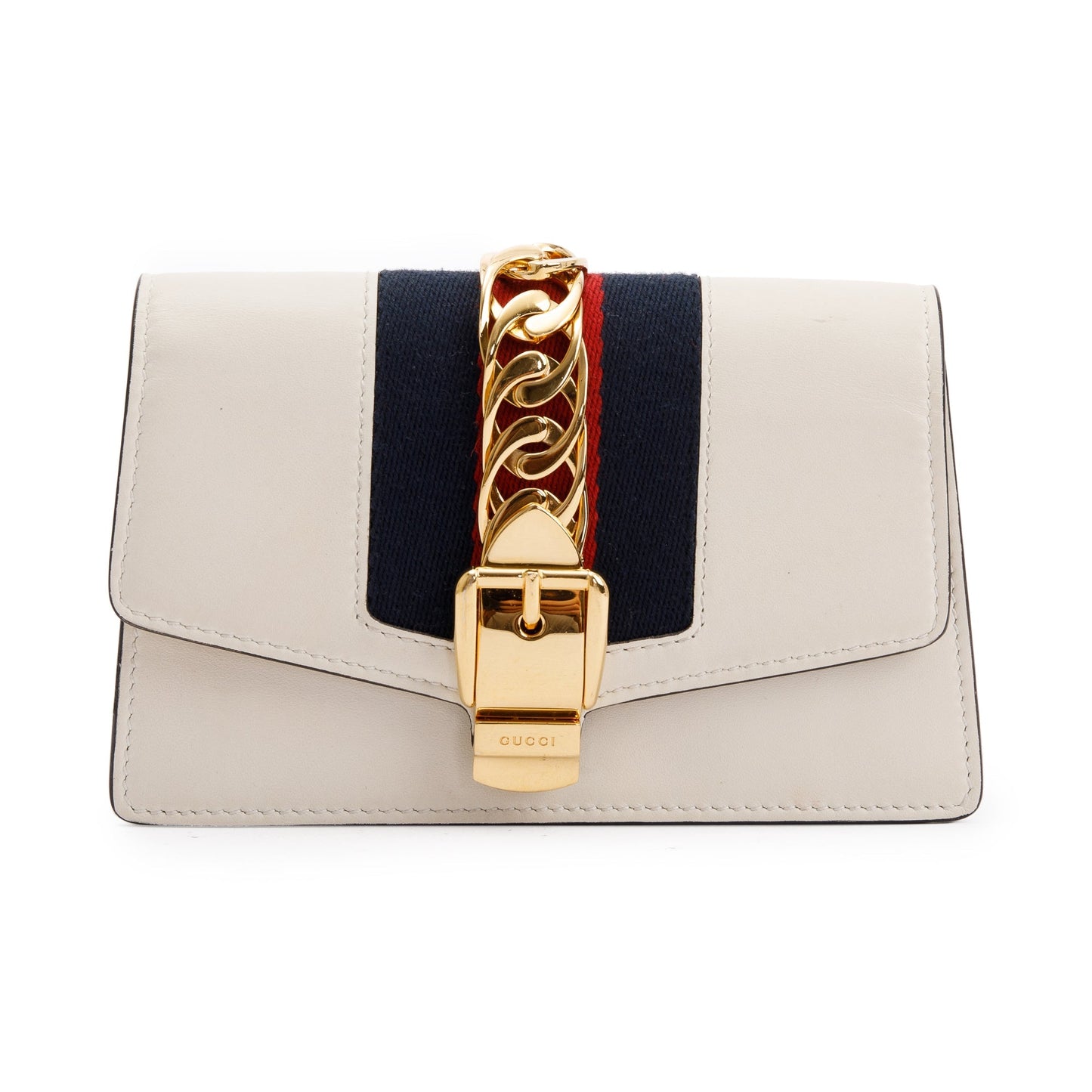 Gucci White Calfskin Leather Web Super Mini Sylvie Chain Shoulder Bag