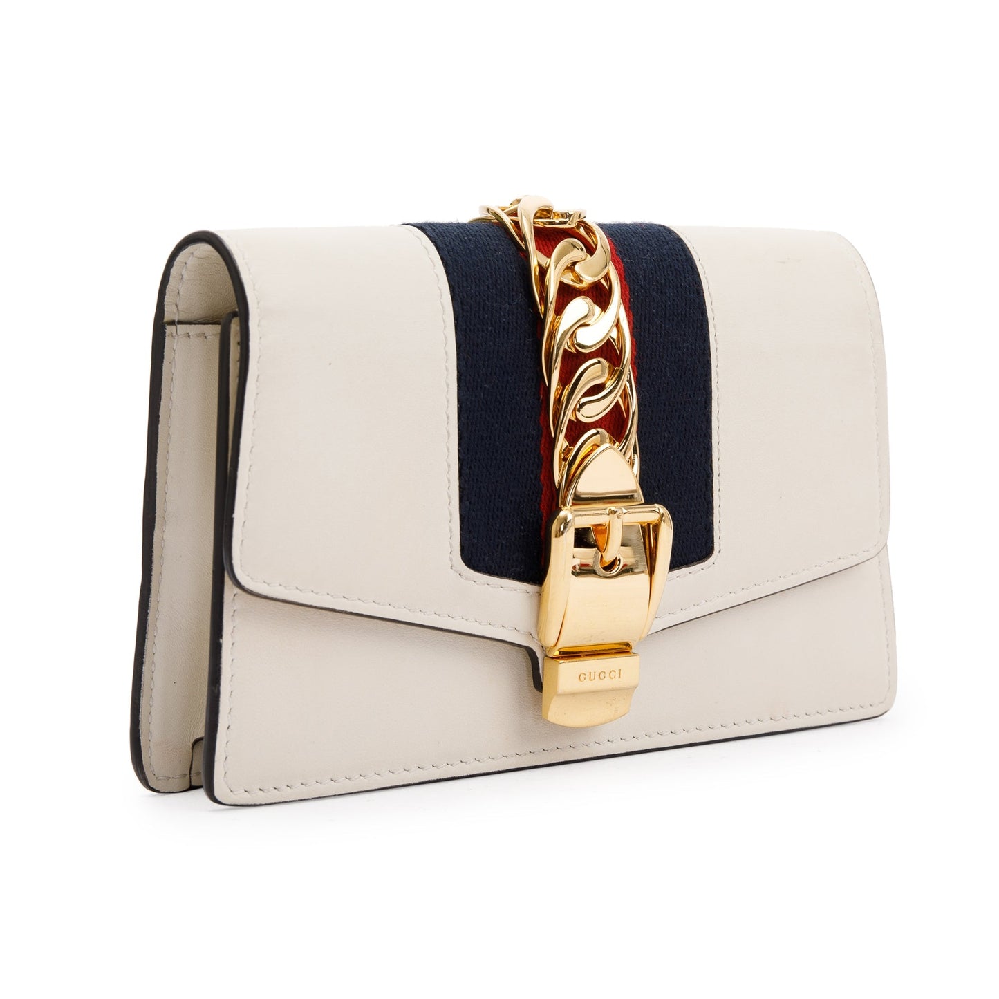 Gucci White Calfskin Leather Web Super Mini Sylvie Chain Shoulder Bag