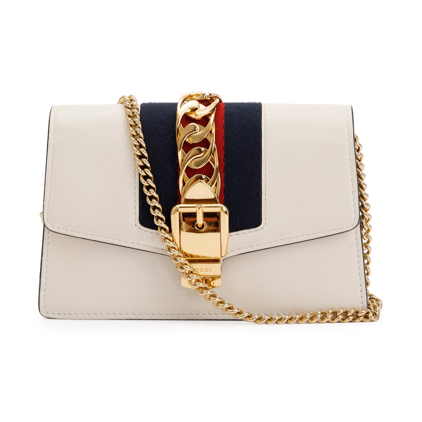 Gucci White Calfskin Leather Web Super Mini Sylvie Chain Shoulder Bag