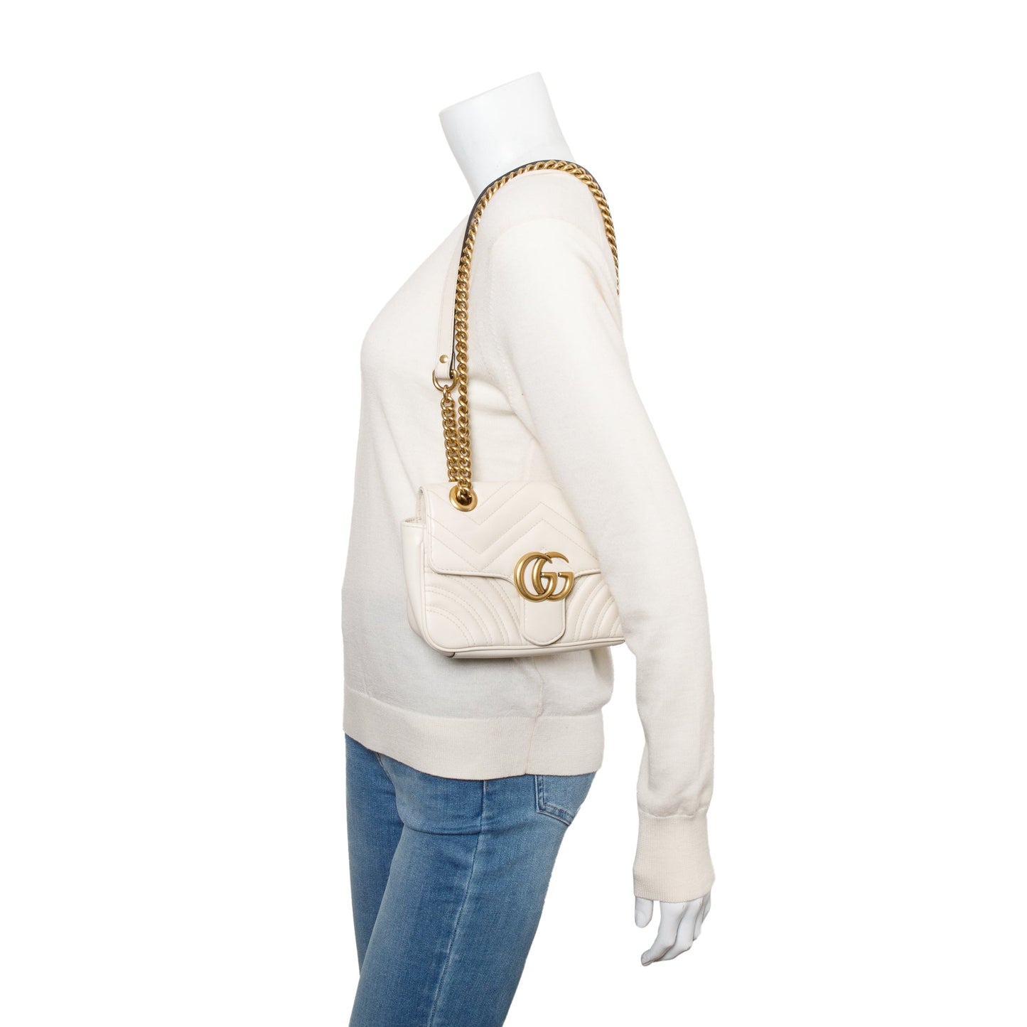 Gucci White Calfskin Matelasse GG Marmont Mini Shoulder Bag
