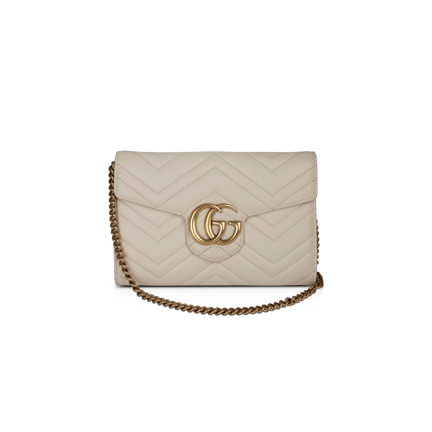 Gucci White Calfskin Matelasse Marmont Chain Wallet