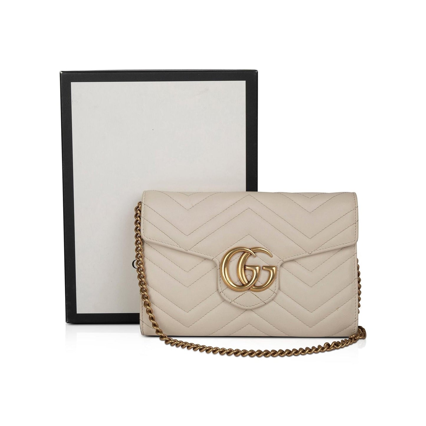 Gucci White Calfskin Matelasse Marmont Chain Wallet