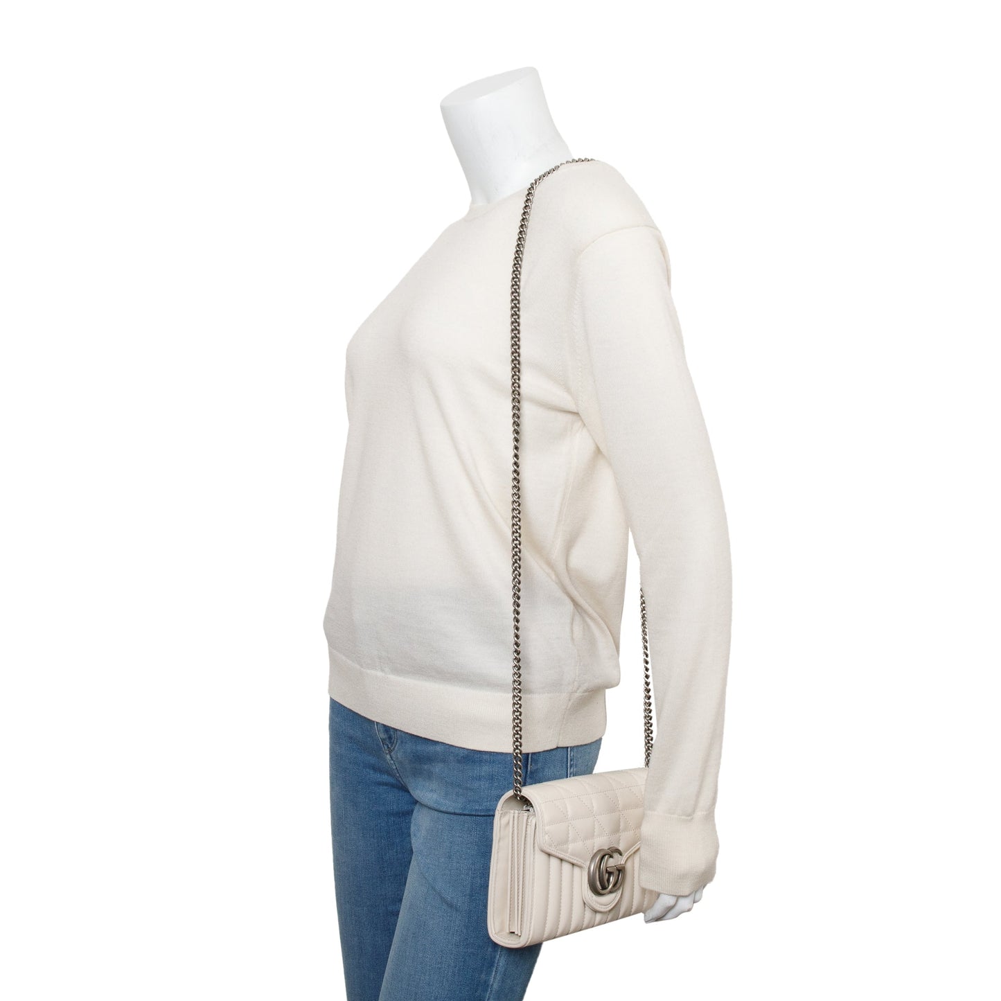 Gucci White GG Marmont Matelasse Leather Mini Chain Wallet