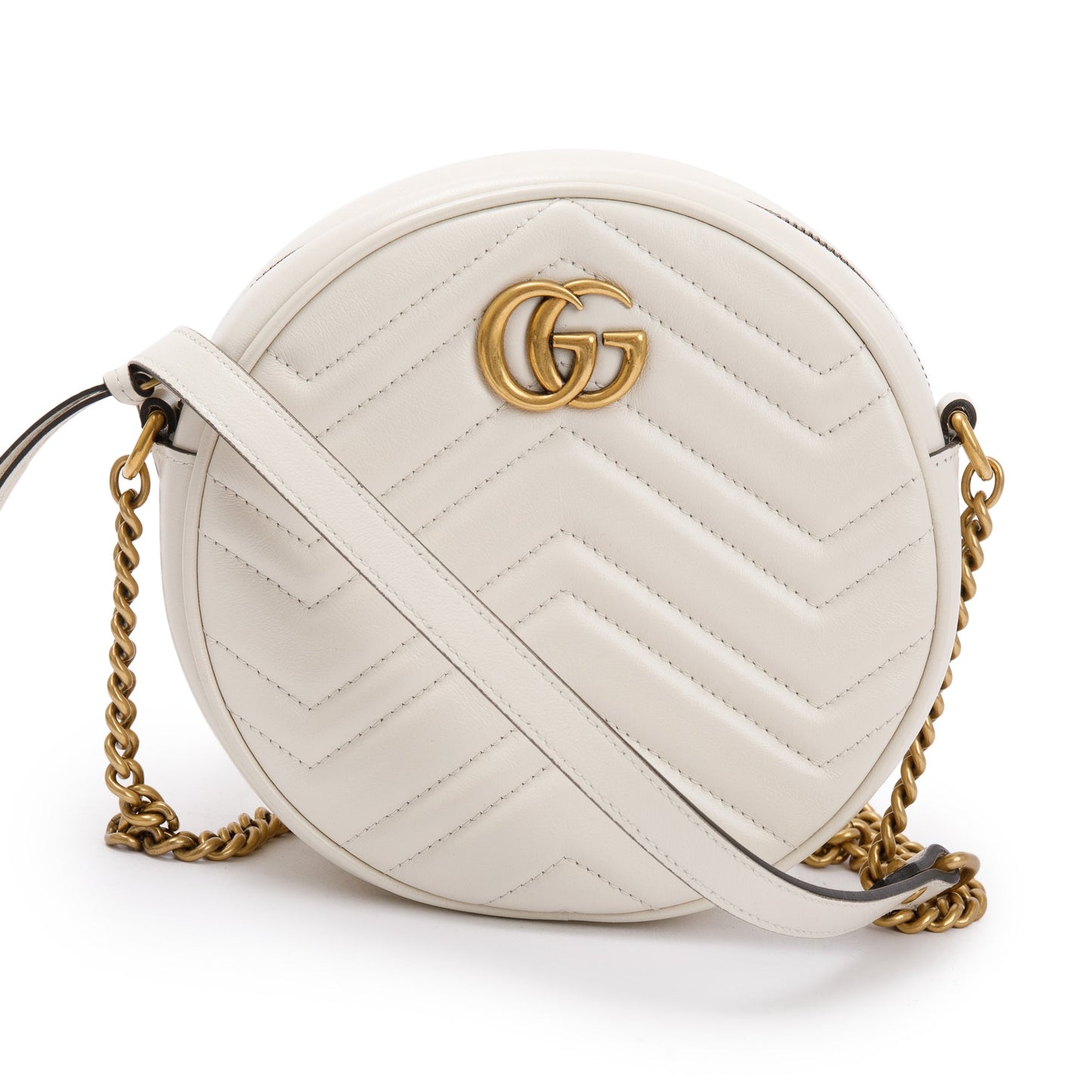Gucci White GG Marmont Matelasse  Leather Mini Round Shoulder Bag
