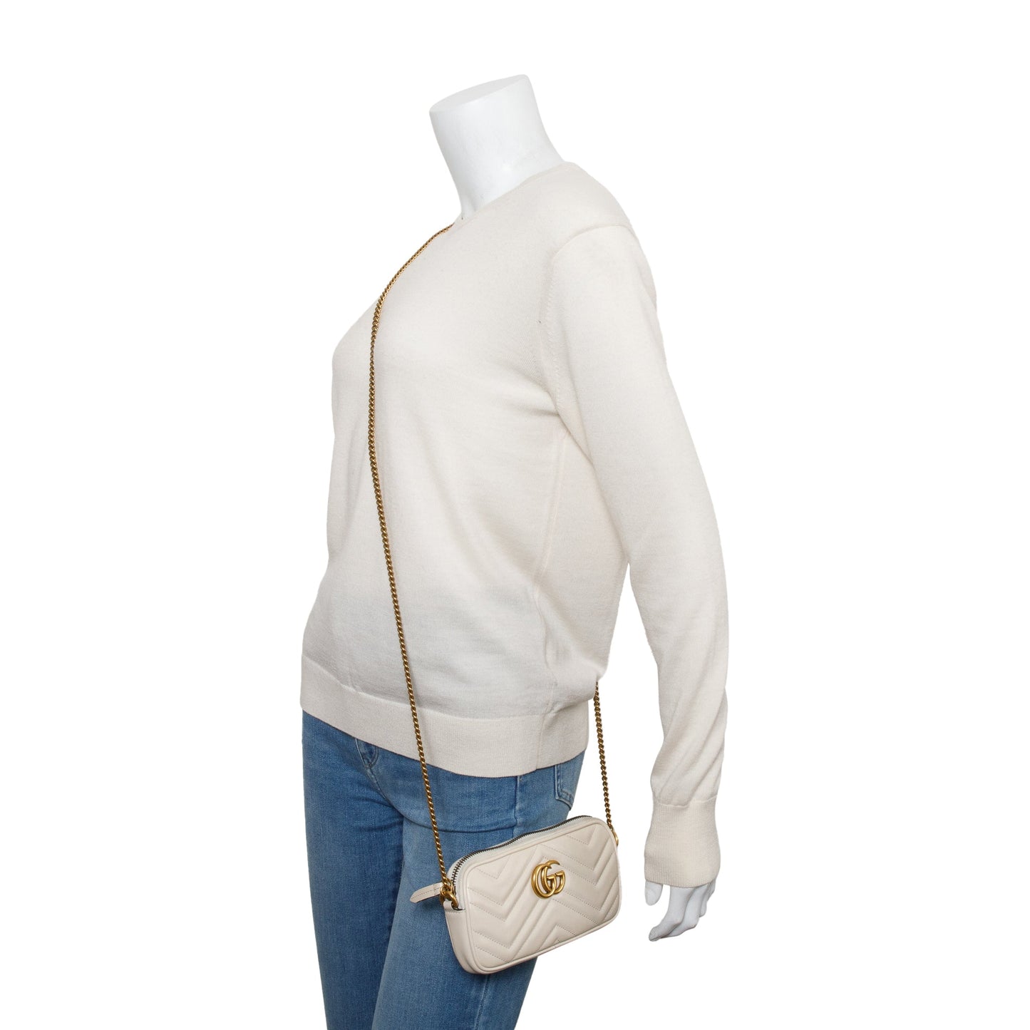 Gucci White GG Marmont Mini Chain Crossbody Bag