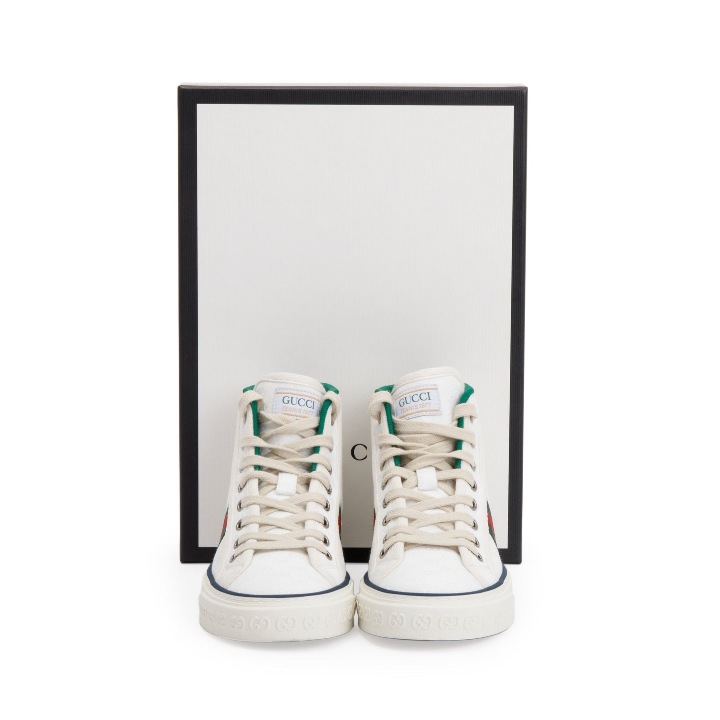 Gucci White GG Monogram Canvas Web 1977 High Top Tennis Sneakers, Size 35